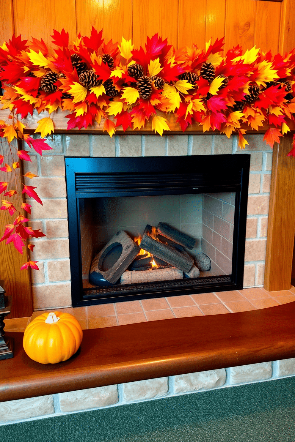 A warm and inviting fireplace is adorned with a stunning arrangement of autumn leaves and pinecones. The vibrant colors of the leaves complement the rustic charm of the wooden mantel, creating a cozy atmosphere perfect for Thanksgiving gatherings.