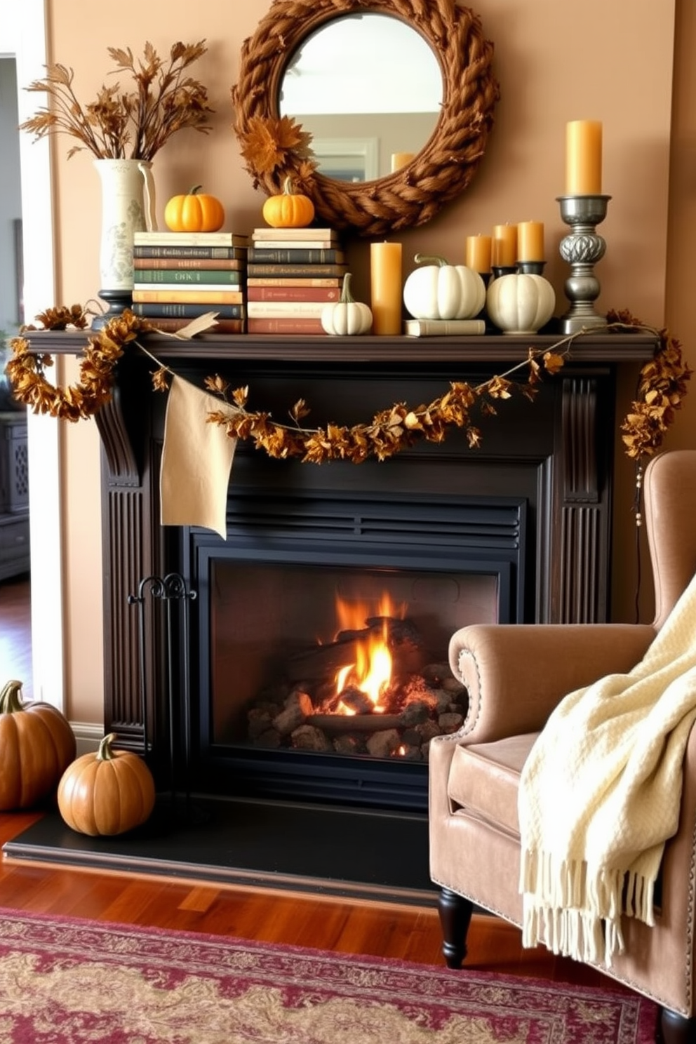 A cozy living room setting featuring a vintage fireplace adorned with autumn-themed decorations. The mantel is decorated with stacked vintage books, small pumpkins, and warm-toned candles creating a welcoming atmosphere. To the side, a plush armchair is draped with a soft throw blanket, inviting relaxation. The floor is covered with a rich, textured rug, and the walls are painted in warm, earthy tones to complement the Thanksgiving decor.