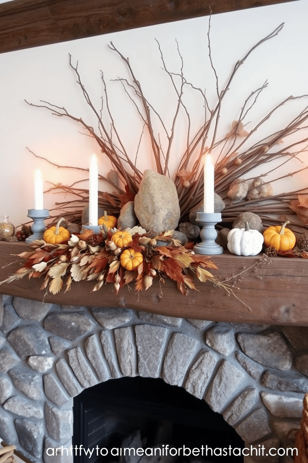 Natural elements like branches and stones create a warm and inviting atmosphere for Thanksgiving. A rustic fireplace is adorned with an arrangement of twigs, smooth stones, and seasonal foliage, enhancing the cozy feel of the space. The mantel is decorated with a mix of natural textures, including a garland of dried leaves and small pumpkins. Soft candlelight flickers from stone candle holders, adding a touch of elegance to the festive decor.