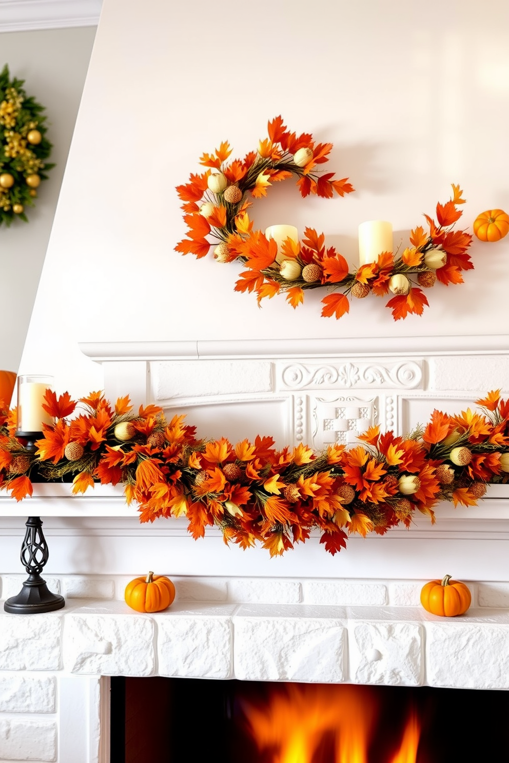 A cozy fireplace adorned with a seasonal garland featuring vibrant orange and gold hues. The garland is draped elegantly along the mantle, complemented by small pumpkins and flickering candles for a warm, inviting atmosphere.