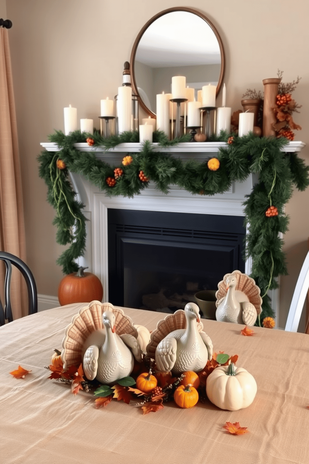 A cozy dining room adorned for Thanksgiving. The table is set with a rustic tablecloth, featuring ceramic turkeys as festive centerpieces surrounded by autumn leaves and small pumpkins. The fireplace is beautifully decorated with garlands of pine and bright orange accents. Above the mantel, a collection of candles in varying heights adds warmth to the inviting atmosphere.