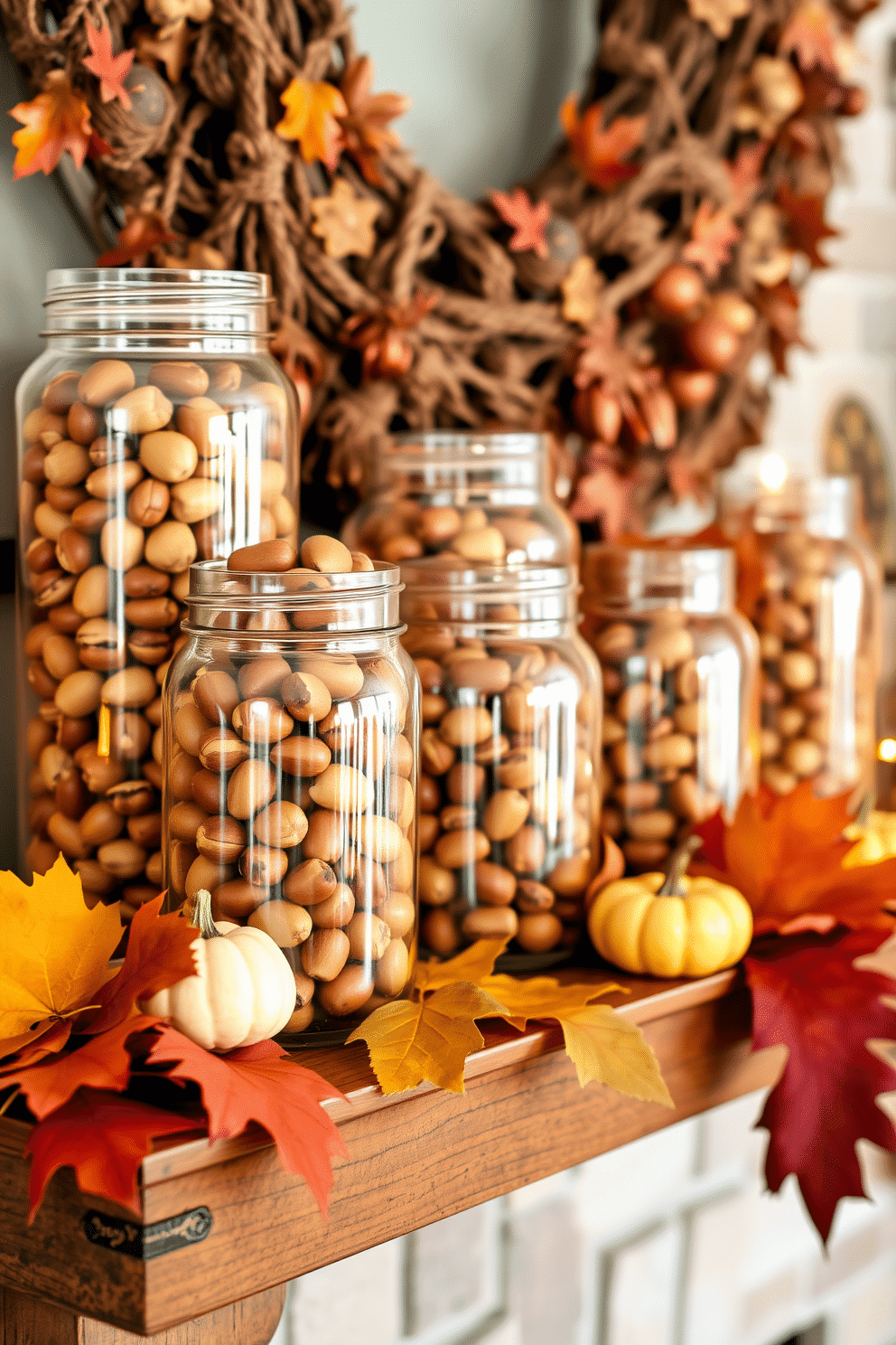 A cozy Thanksgiving fireplace setting adorned with glass jars filled with acorns and nuts. The jars are arranged on a rustic wooden mantel, complemented by autumn leaves and small pumpkins for a festive touch.