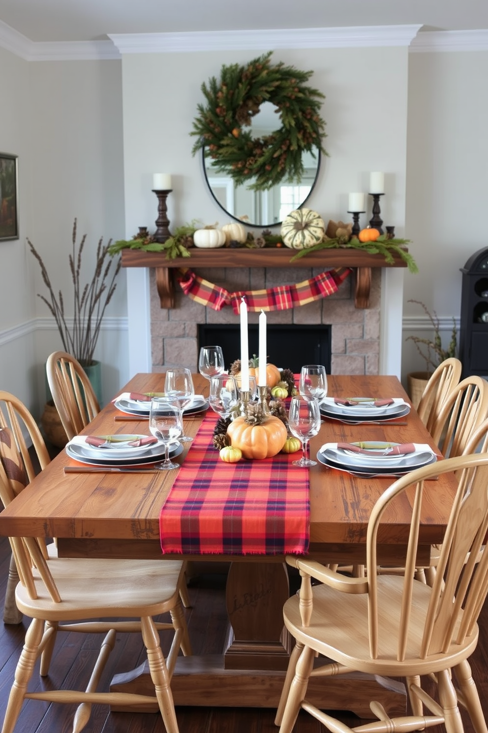 A cozy dining room setting featuring a rustic wooden table adorned with a plaid table runner in warm autumn colors. The table is set with elegant dinnerware and surrounded by mismatched wooden chairs that add charm to the space. Above the table, a beautifully decorated fireplace serves as the focal point of the room. It is adorned with seasonal decorations, including pumpkins, pinecones, and candles, creating a warm and inviting atmosphere for Thanksgiving gatherings.