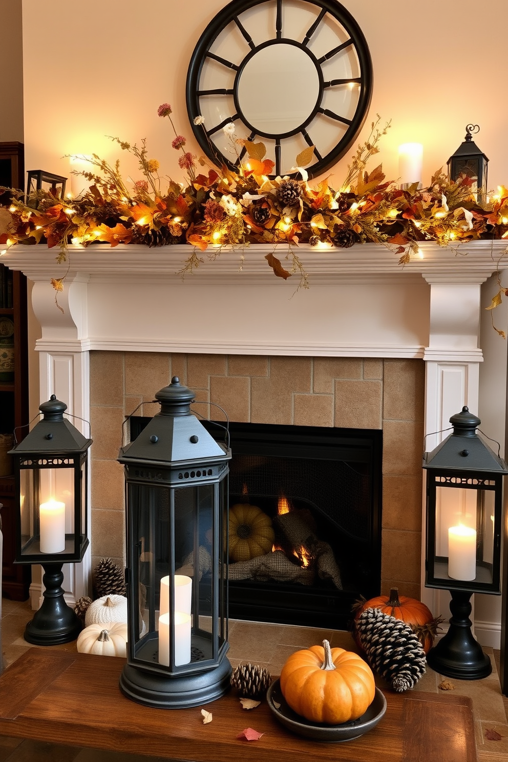 A cozy living room adorned with old-fashioned lanterns that evoke rustic charm. The lanterns are placed on the mantelpiece, casting a warm glow over the Thanksgiving decorations. The fireplace is beautifully decorated with autumn leaves, pinecones, and small pumpkins. Above the mantel, a garland of dried flowers and twinkling fairy lights adds a festive touch to the setting.