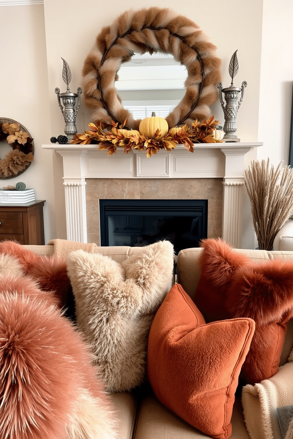 A warm and inviting living room setting. A beautifully decorated fireplace is adorned with faux fur accents, creating a cozy atmosphere perfect for Thanksgiving gatherings. The mantel is adorned with seasonal decorations, including pumpkins and autumn leaves. Plush throw pillows in rich earth tones complement the faux fur throws draped over the sofa.