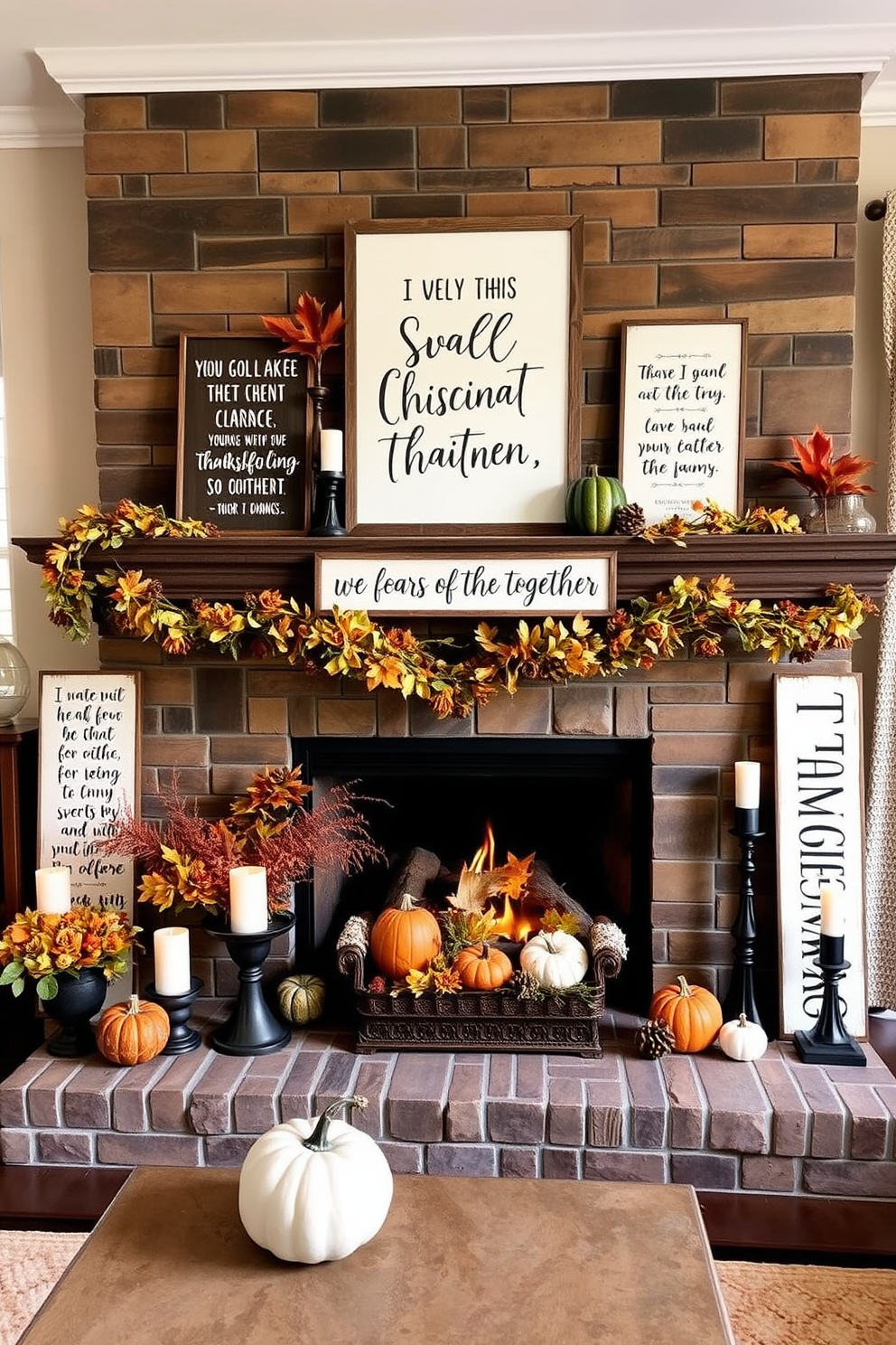 Seasonal quotes on decorative signs can enhance the warmth and charm of your Thanksgiving decor. Imagine a cozy living room where a beautifully adorned fireplace serves as the focal point, surrounded by signs featuring heartfelt quotes that celebrate gratitude and togetherness. For the fireplace, think of a rustic mantel decorated with an array of autumn-themed elements. Incorporate pumpkins, gourds, and flickering candles alongside the decorative signs to create an inviting atmosphere that embodies the spirit of Thanksgiving.