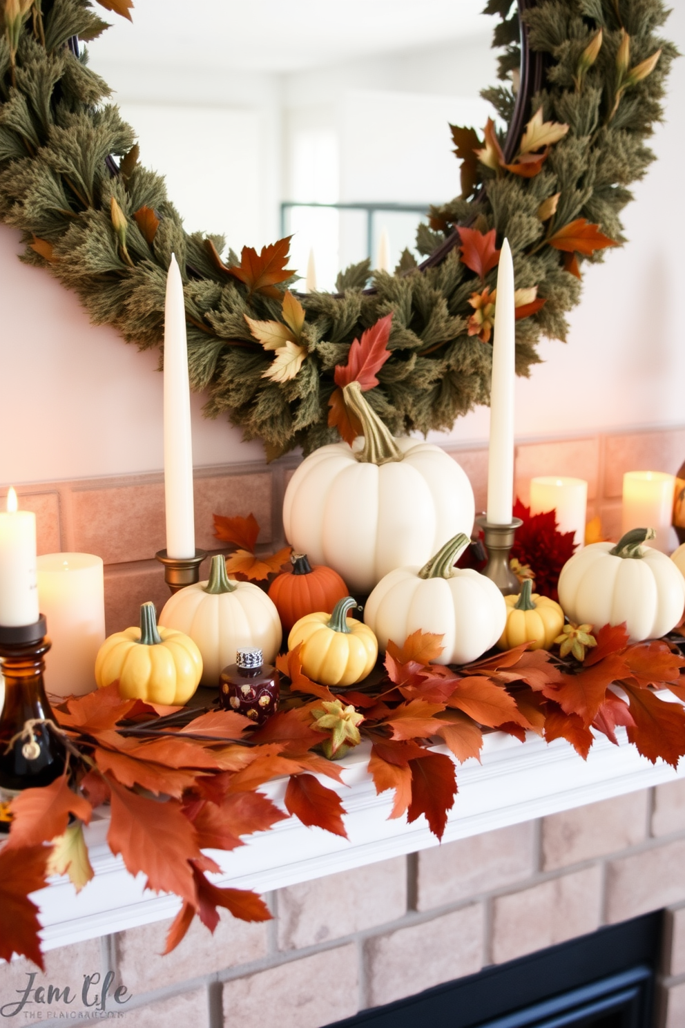 Create a cozy Thanksgiving fireplace setting adorned with mini pumpkins in varying sizes. Arrange the pumpkins on the mantel alongside autumn leaves and warm candles to enhance the festive atmosphere.