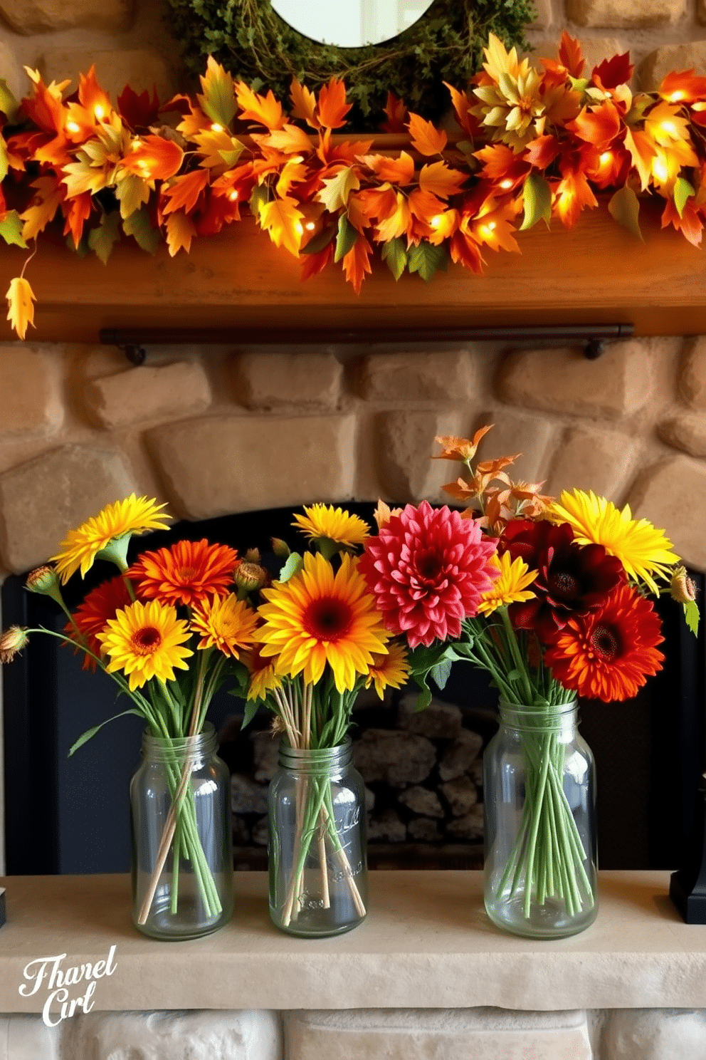 A cozy Thanksgiving setting features a rustic fireplace adorned with garlands of autumn leaves and twinkling fairy lights. On the mantel, mason jars filled with vibrant fall flowers in shades of orange, yellow, and deep red create a warm and inviting atmosphere.