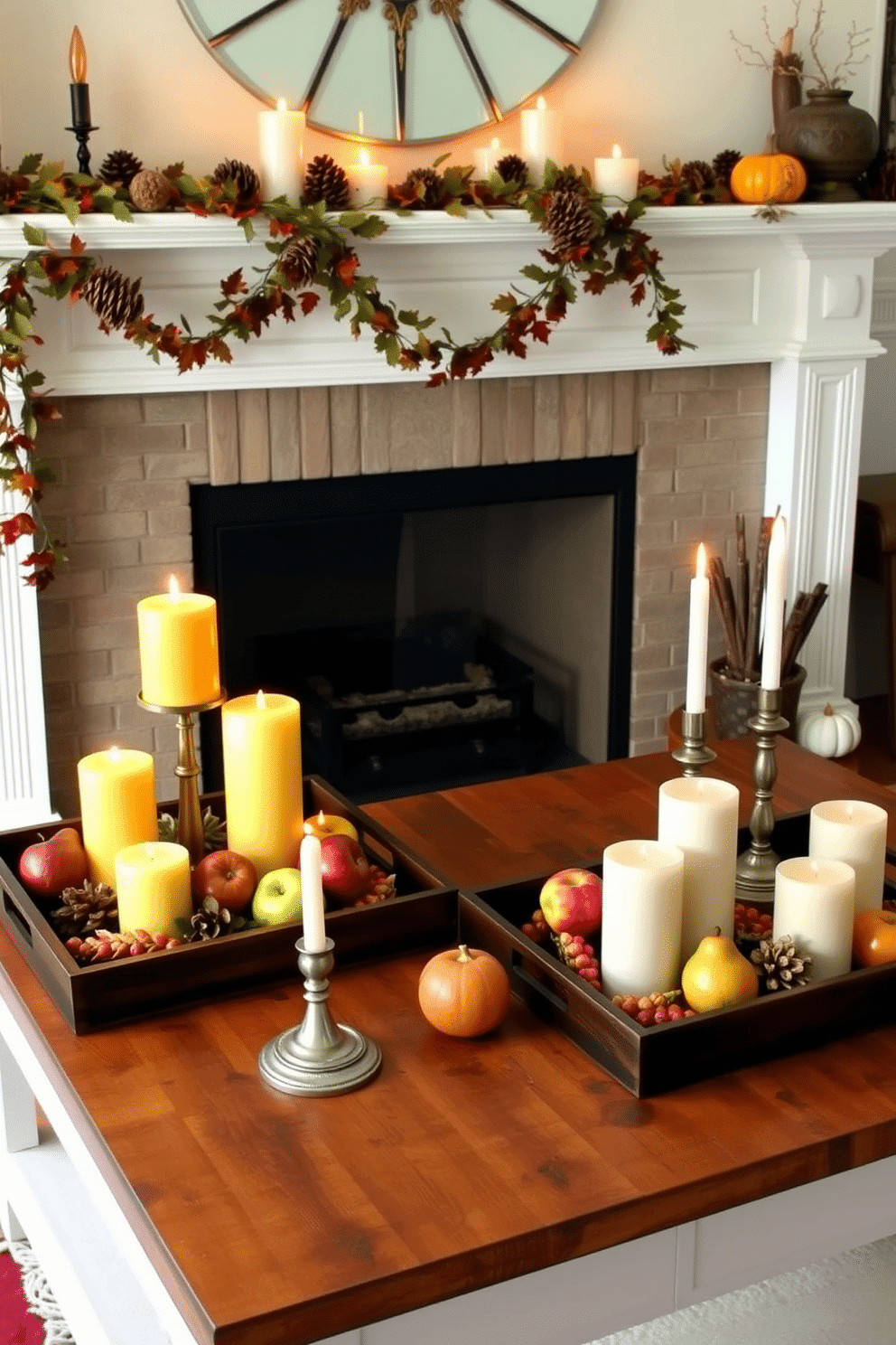 Decorative trays are arranged on a rustic wooden coffee table, featuring an assortment of candles in varying heights and colors. Fresh seasonal fruits like apples and pears are artfully placed among the candles, creating a warm and inviting atmosphere. Above the fireplace, a beautifully styled mantel showcases autumn-themed decorations. A garland of pinecones and leaves drapes gracefully, complemented by flickering candlelight and small decorative pumpkins.