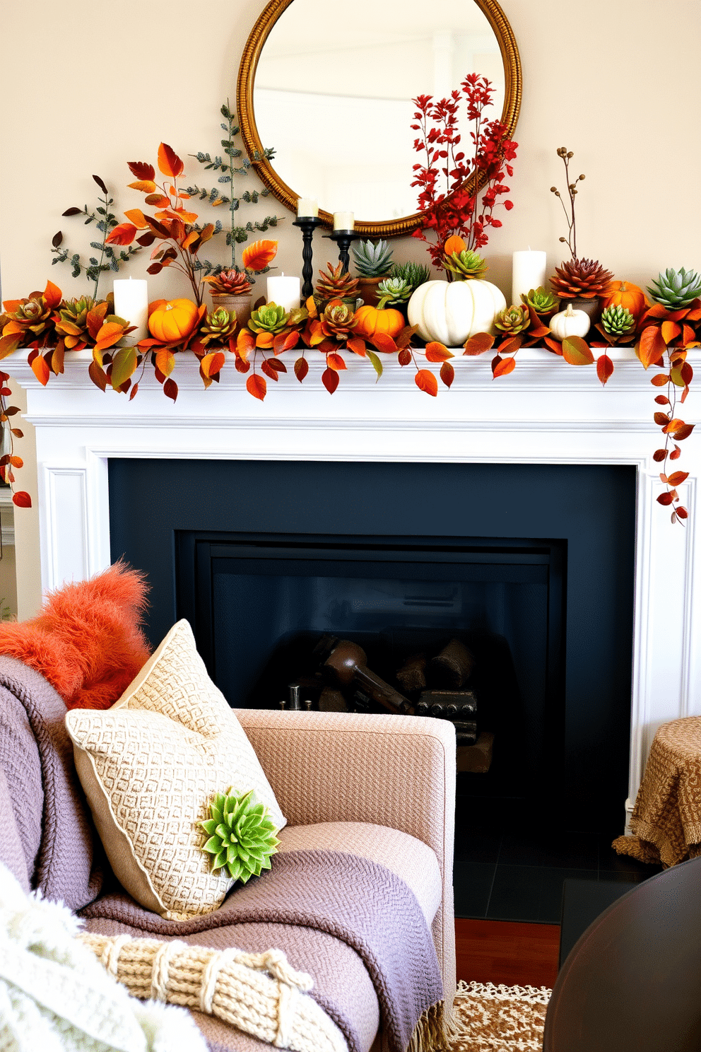 A cozy living room adorned with succulents in autumn colors. The fireplace is elegantly decorated with a garland of leaves, small pumpkins, and candles, creating a warm and inviting atmosphere. On the mantel, vibrant succulents in shades of orange, red, and yellow are arranged in decorative pots. Plush throw blankets and seasonal pillows add comfort to the seating area, enhancing the festive decor.