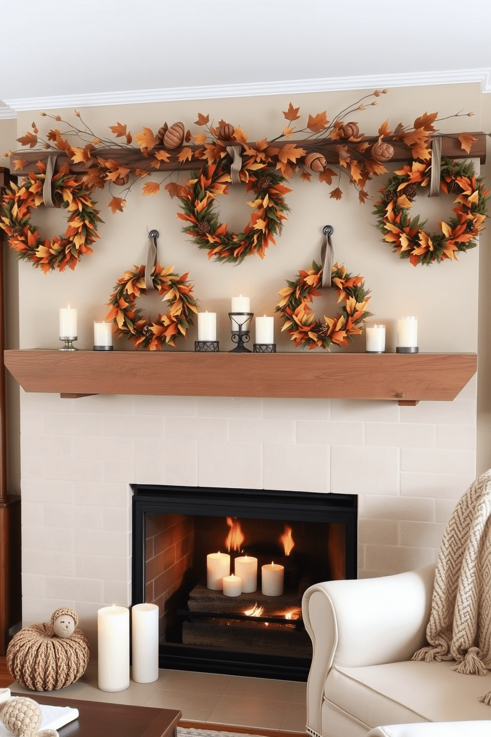 A cozy living room setting with a warm fireplace as the focal point. Above the mantel, an elegant arrangement of hanging wreaths made of autumn leaves and pinecones adds a festive touch for Thanksgiving. The fireplace is adorned with soft white candles of varying heights, casting a gentle glow. A rustic wooden mantel complements the wreaths, while a plush throw blanket drapes over a nearby armchair for added warmth and comfort.