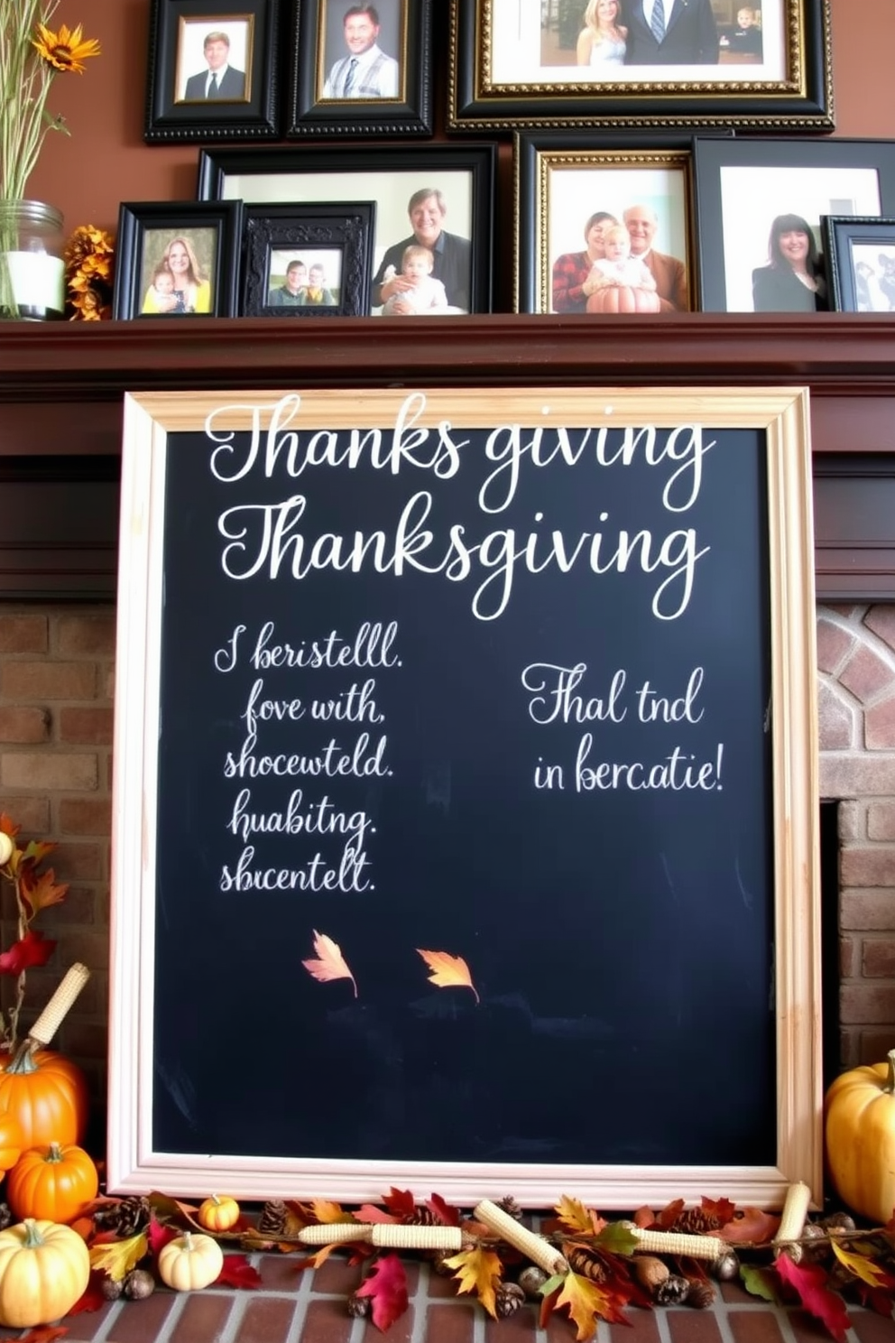 A chalkboard displays festive Thanksgiving messages in elegant handwritten script. Surrounding the chalkboard are autumn-themed decorations, including small pumpkins and colorful leaves. The fireplace is adorned with a garland of pinecones and dried corn, creating a warm, inviting atmosphere. Above the mantle, a collection of framed family photos adds a personal touch to the Thanksgiving decor.