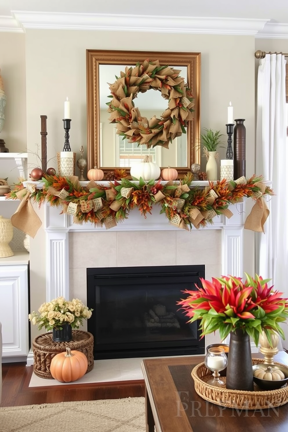 A cozy living room adorned with burlap accents to enhance the rustic charm. The fireplace is elegantly decorated with burlap garlands and seasonal foliage, creating a warm and inviting atmosphere for Thanksgiving gatherings.