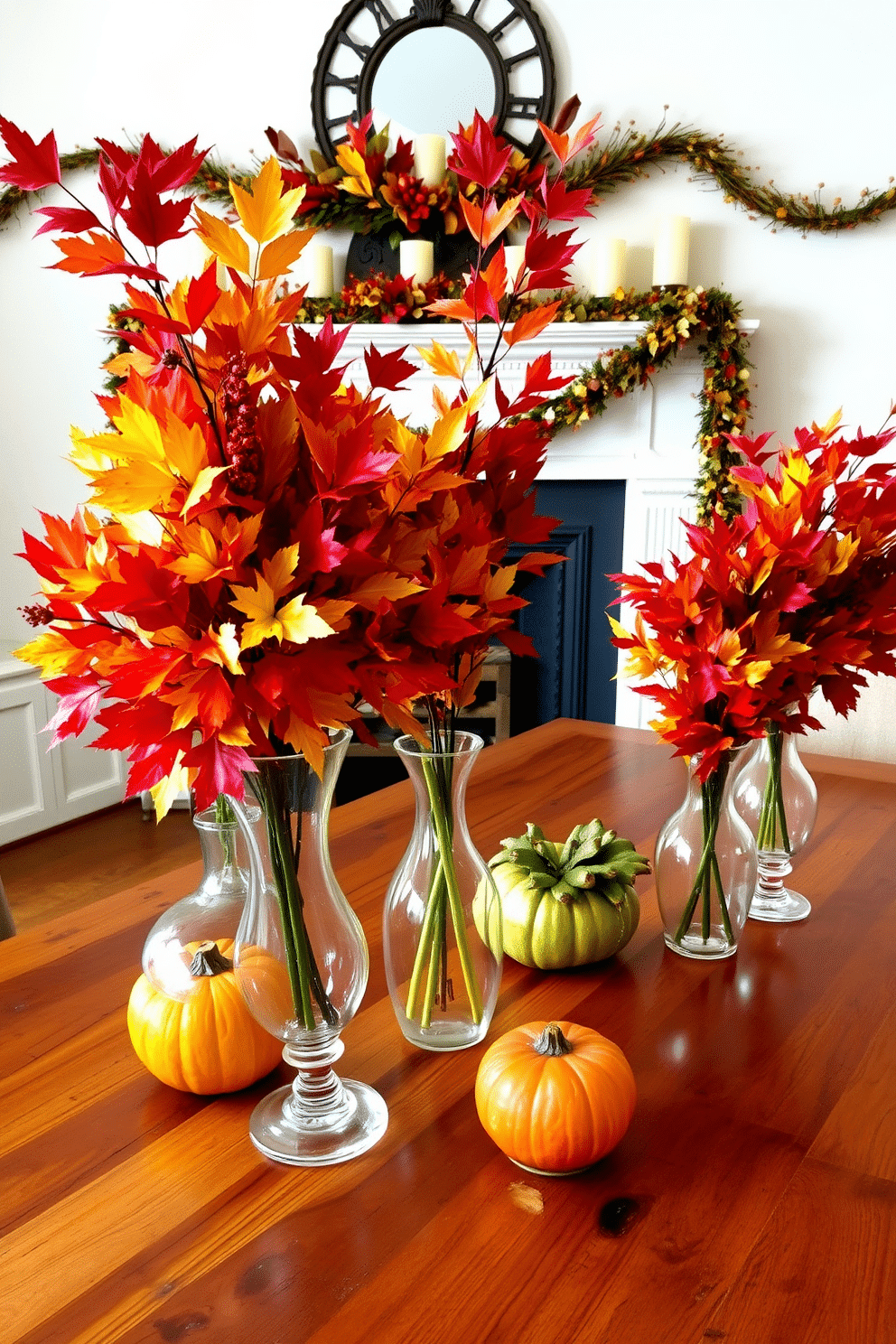 Colorful fall foliage fills several elegant glass vases arranged on a rustic wooden dining table. The vibrant reds, oranges, and yellows of the leaves contrast beautifully with the warm tones of the table, creating a cozy and inviting atmosphere. A classic fireplace serves as the focal point of the room, adorned with seasonal decorations. Soft, flickering candlelight and autumn-themed garlands enhance the festive spirit, making it the perfect setting for Thanksgiving gatherings.