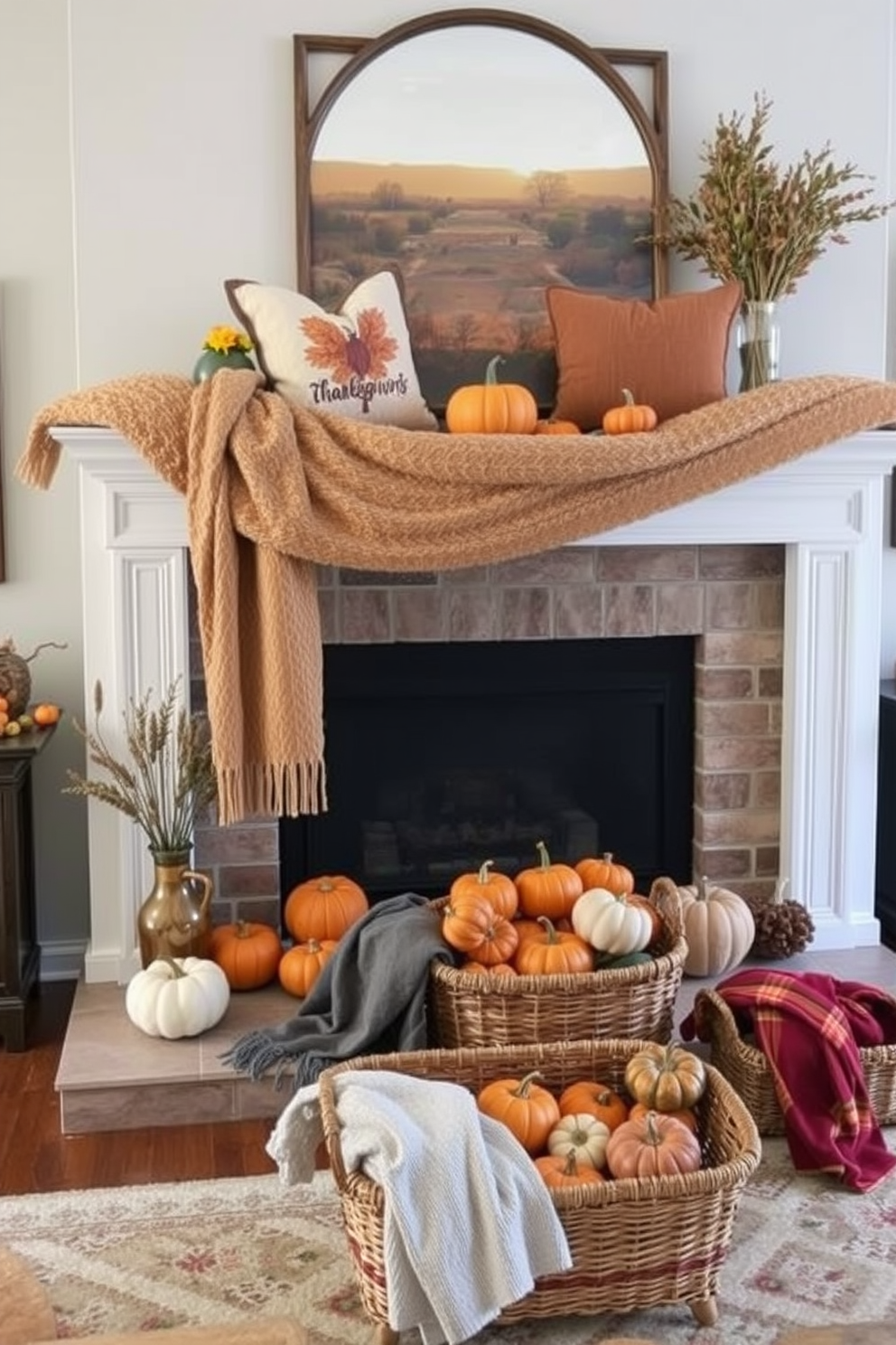 A cozy Thanksgiving living room featuring a large fireplace adorned with seasonal decorations. The mantel is draped with layered textiles including rich, textured throws and vibrant autumn-themed pillows. The fireplace itself is surrounded by an arrangement of pumpkins and gourds in various sizes and colors. On the hearth, a woven basket holds additional blankets, inviting warmth and comfort to the space.