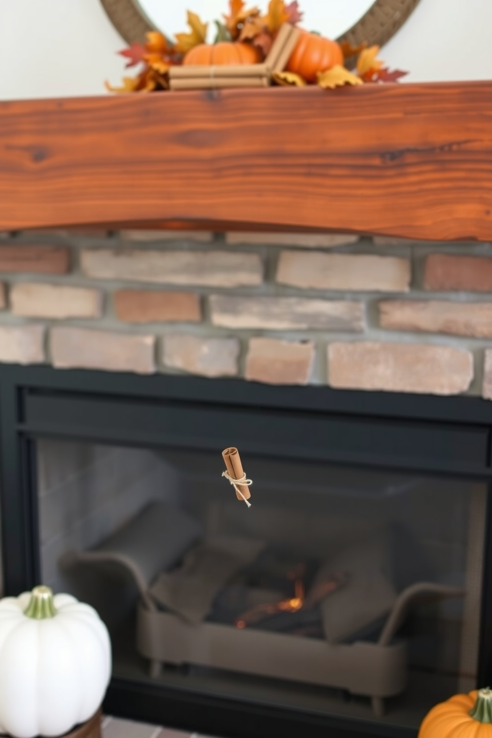 A cozy fireplace adorned for Thanksgiving, featuring a rustic wooden mantel. On the mantel, cinnamon sticks are elegantly tied with twine, adding a warm and inviting touch to the autumn decor.