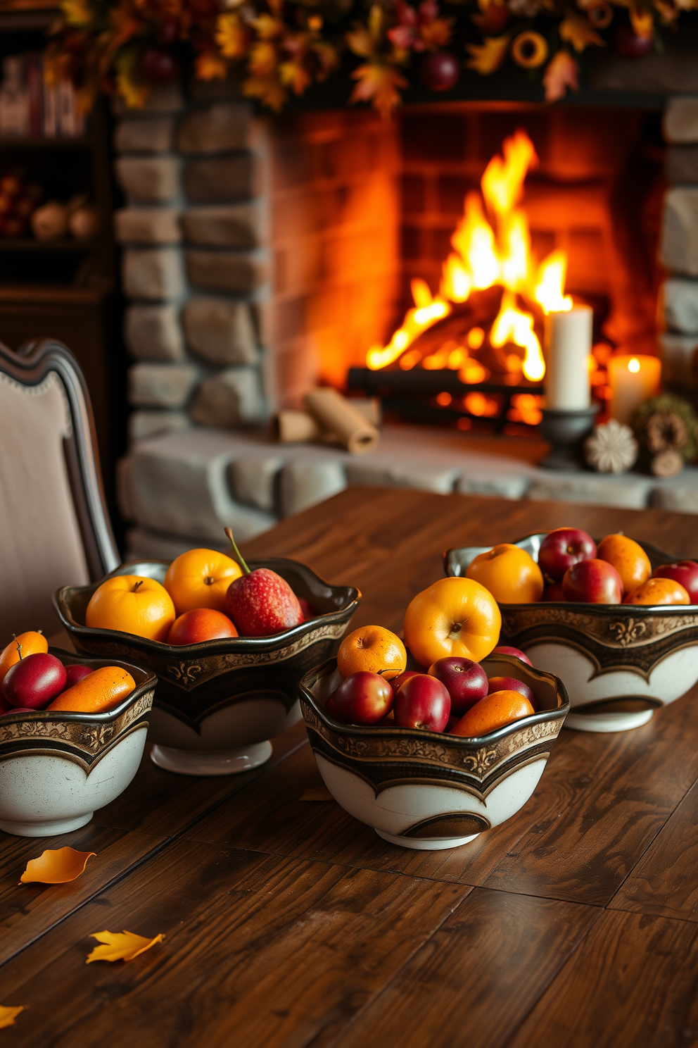 Artistic ceramic bowls filled with seasonal fruits are elegantly arranged on a rustic wooden dining table. The warm glow of a crackling fireplace enhances the cozy atmosphere, adorned with autumn leaves and candles for a festive Thanksgiving touch.