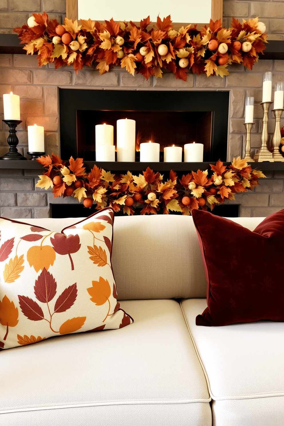 Thanksgiving themed pillows for the seating area. The pillows feature warm autumn colors with leaf patterns and cozy textures to create a welcoming atmosphere. Thanksgiving fireplace decorating ideas. The fireplace is adorned with a garland of fall leaves, small pumpkins, and candles to enhance the festive spirit.