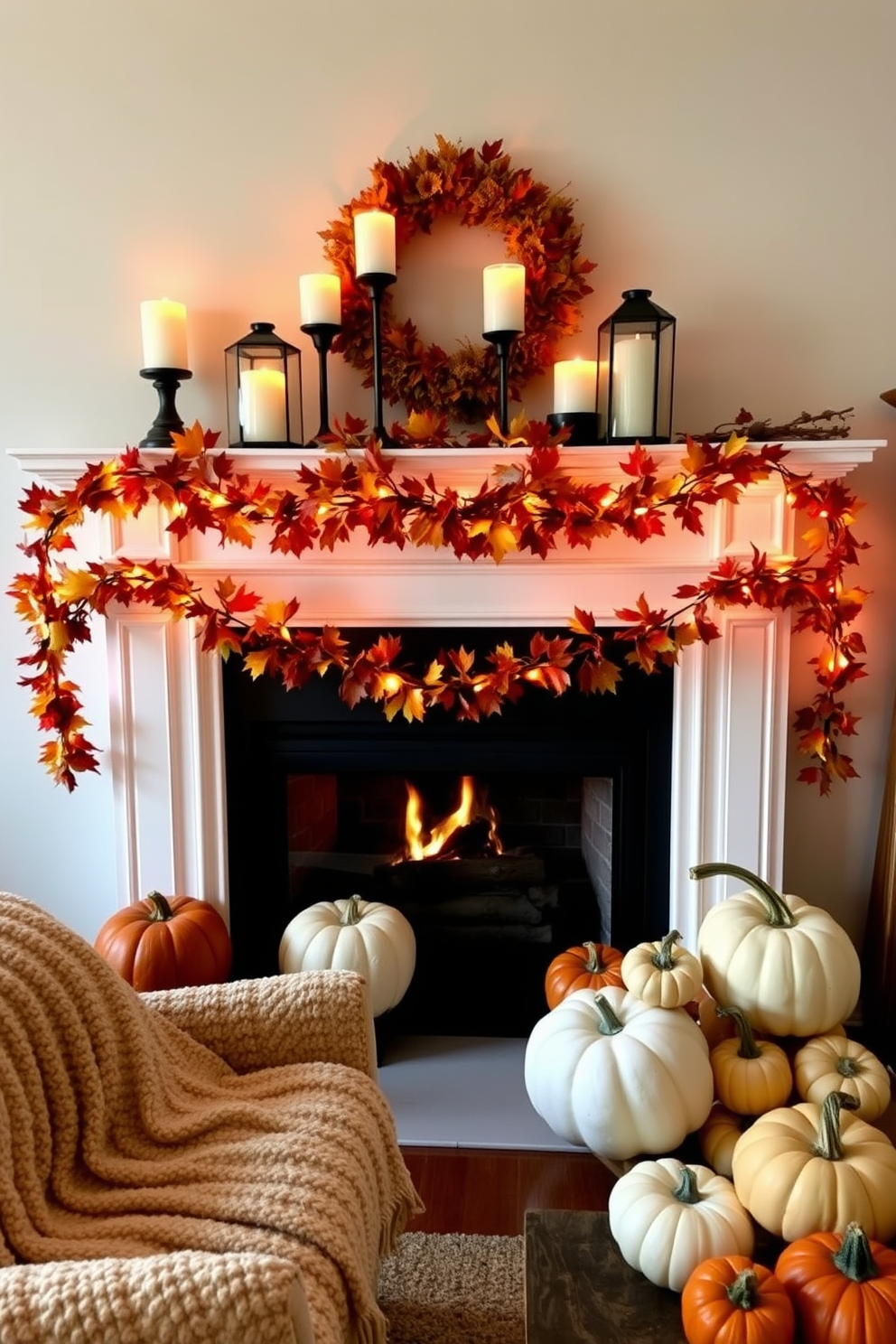 Candle lanterns are arranged on the mantelpiece, casting a warm and inviting glow throughout the room. The fireplace is adorned with seasonal garlands of autumn leaves, creating a festive atmosphere for Thanksgiving. Plush throw blankets are draped over the seating area, inviting guests to relax and enjoy the cozy ambiance. A collection of decorative pumpkins in varying sizes and colors is placed around the fireplace, enhancing the seasonal decor.