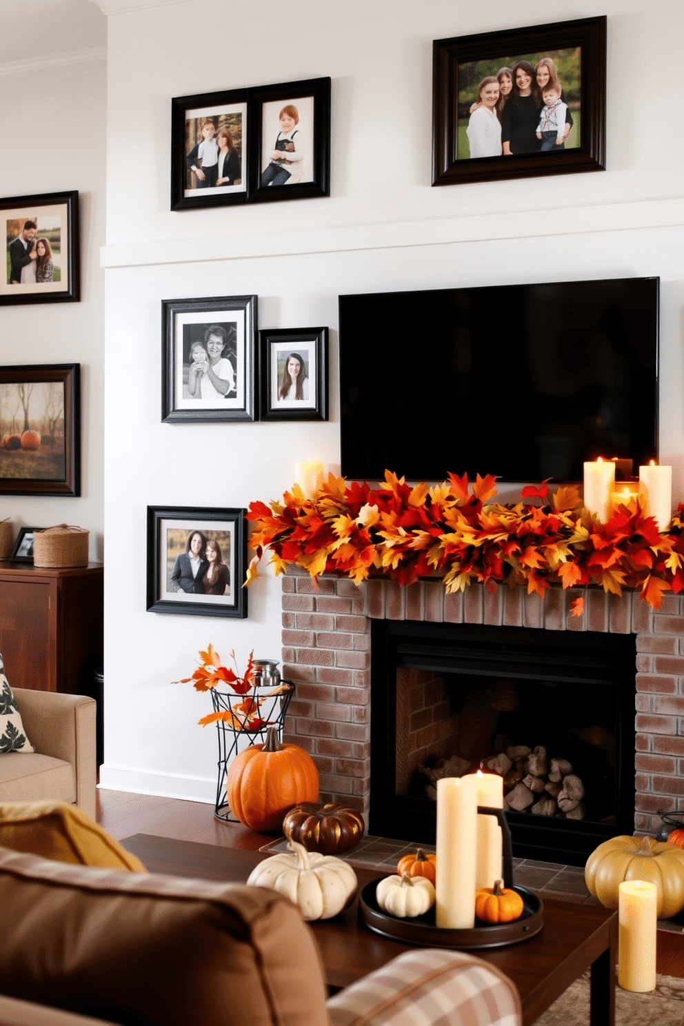 A cozy living room adorned with framed family photos featuring fall themes. The fireplace is elegantly decorated with autumn leaves, pumpkins, and warm-toned candles, creating a welcoming atmosphere for Thanksgiving gatherings.