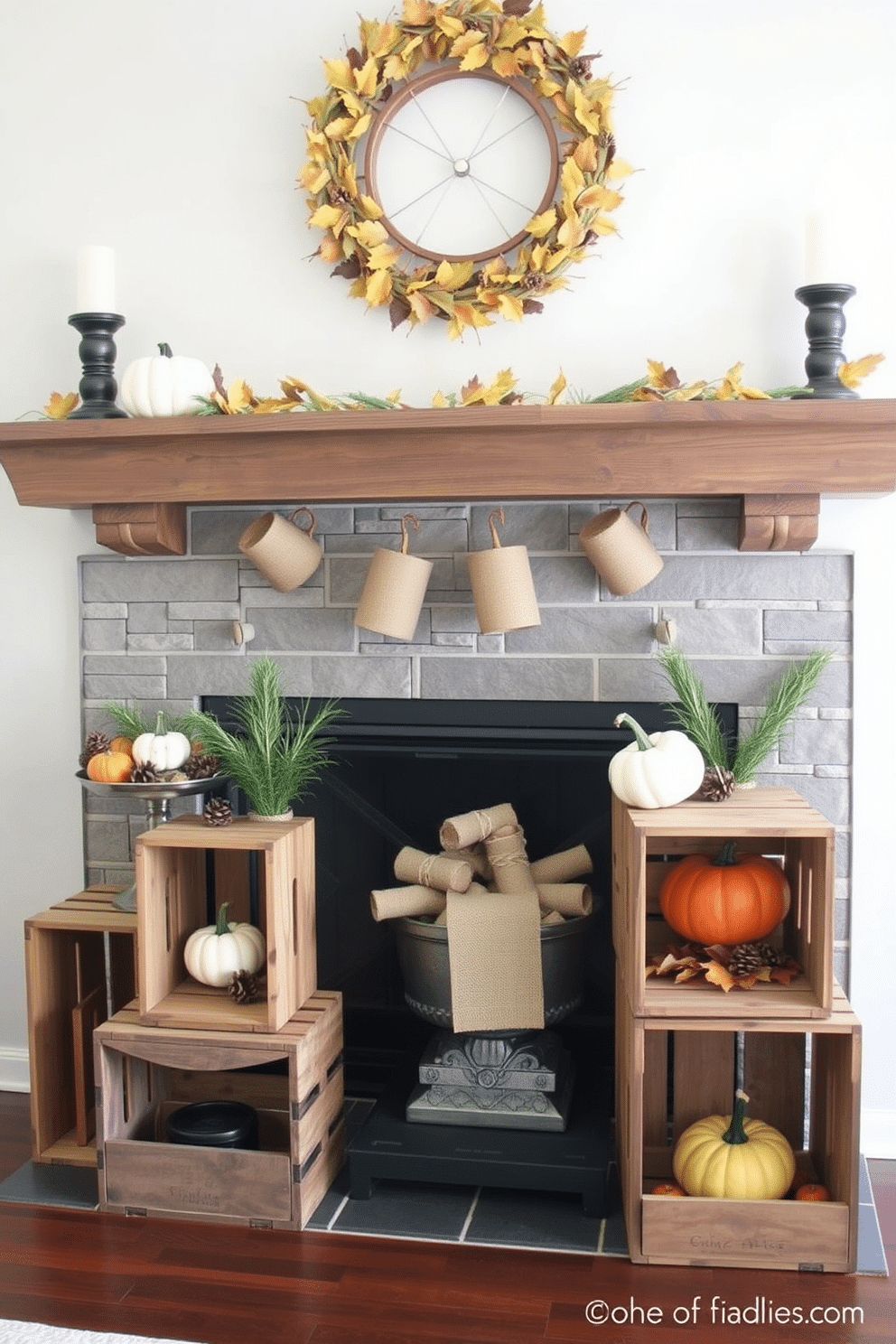 Create a cozy Thanksgiving fireplace setting using rustic wooden crates for height variation. Arrange the crates in different sizes around the fireplace, filled with seasonal decorations like pumpkins, pinecones, and autumn leaves.