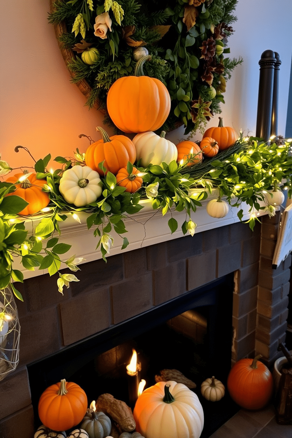 A cozy Thanksgiving scene featuring a beautifully decorated fireplace. The mantel is adorned with colorful gourds in various shapes and sizes, interspersed with lush greenery and twinkling fairy lights.