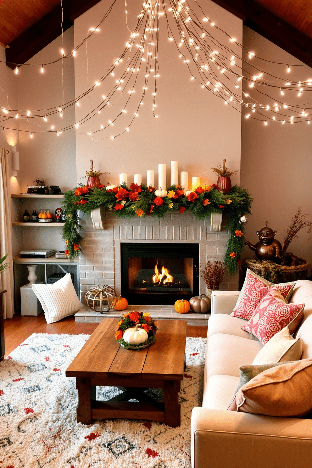 A cozy living room adorned with twinkling fairy lights that drape elegantly across the ceiling, creating a warm and inviting atmosphere. A rustic wooden coffee table sits in front of a plush sofa, surrounded by soft cushions in autumn hues, enhancing the festive vibe. A beautifully decorated fireplace takes center stage, framed by seasonal garlands of pine and colorful leaves. Above the mantel, a collection of candles in varying heights adds a touch of elegance, while small pumpkins and seasonal decor complete the Thanksgiving theme.