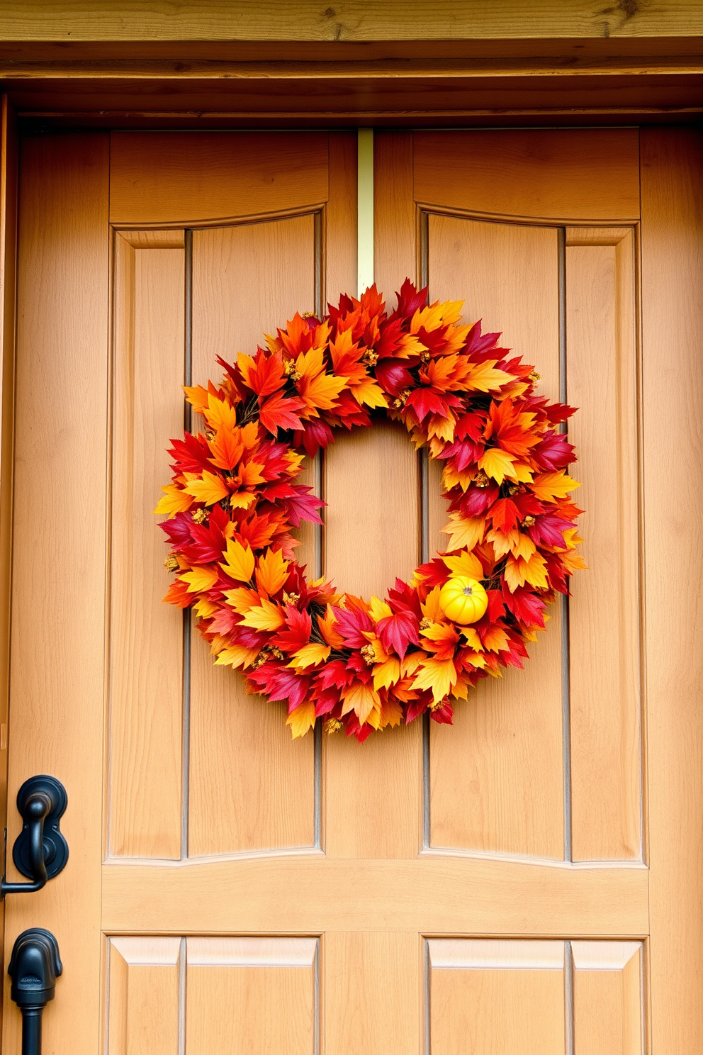 A beautiful autumn wreath made of vibrant orange and red leaves hangs on a rustic wooden front door. The wreath is adorned with small pumpkins and golden accents, creating a warm and inviting atmosphere for Thanksgiving.