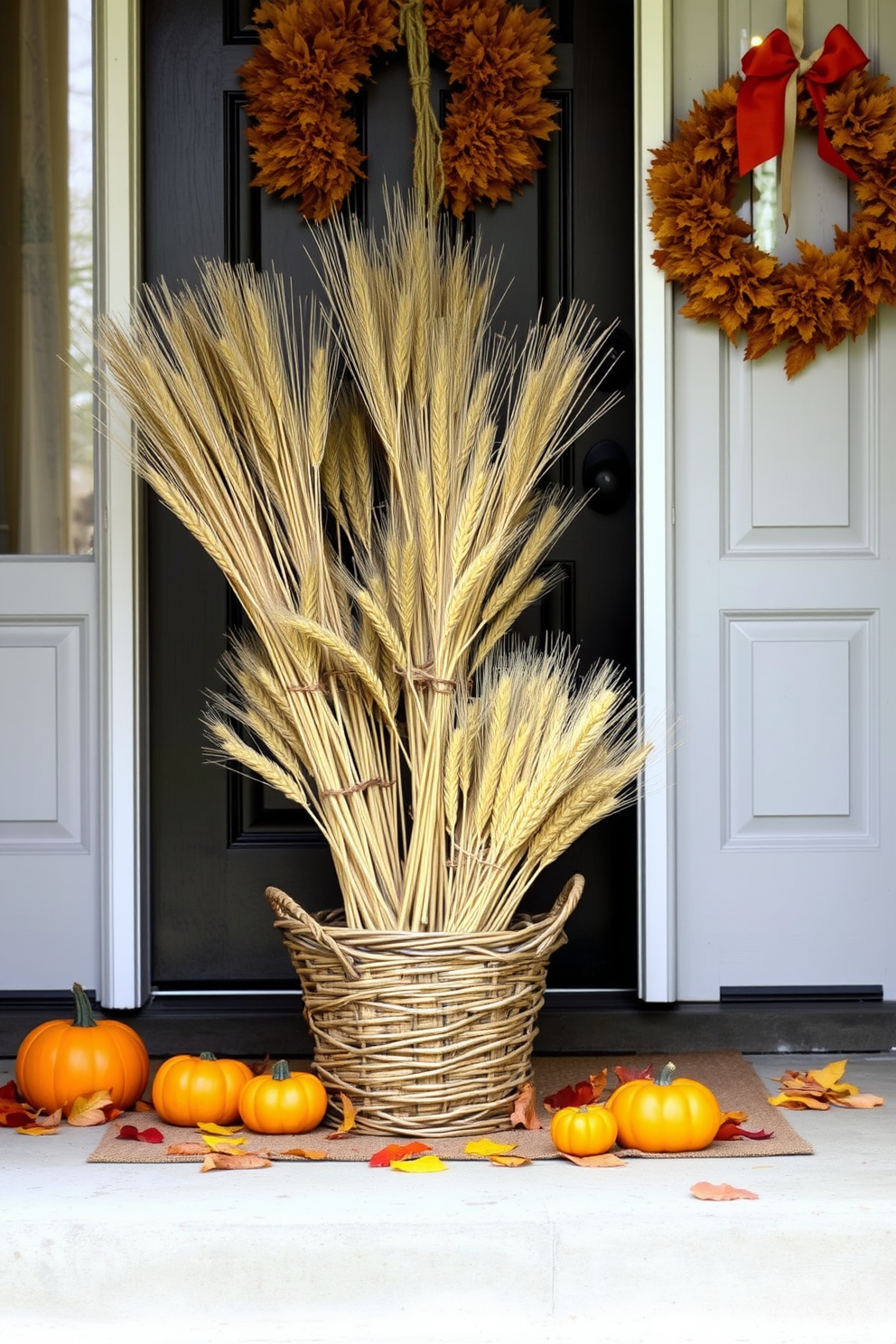 A welcoming front door adorned with dried wheat bundles tied with twine. The bundles are elegantly arranged in a rustic basket placed on the doorstep, complemented by small pumpkins and autumn leaves scattered around.