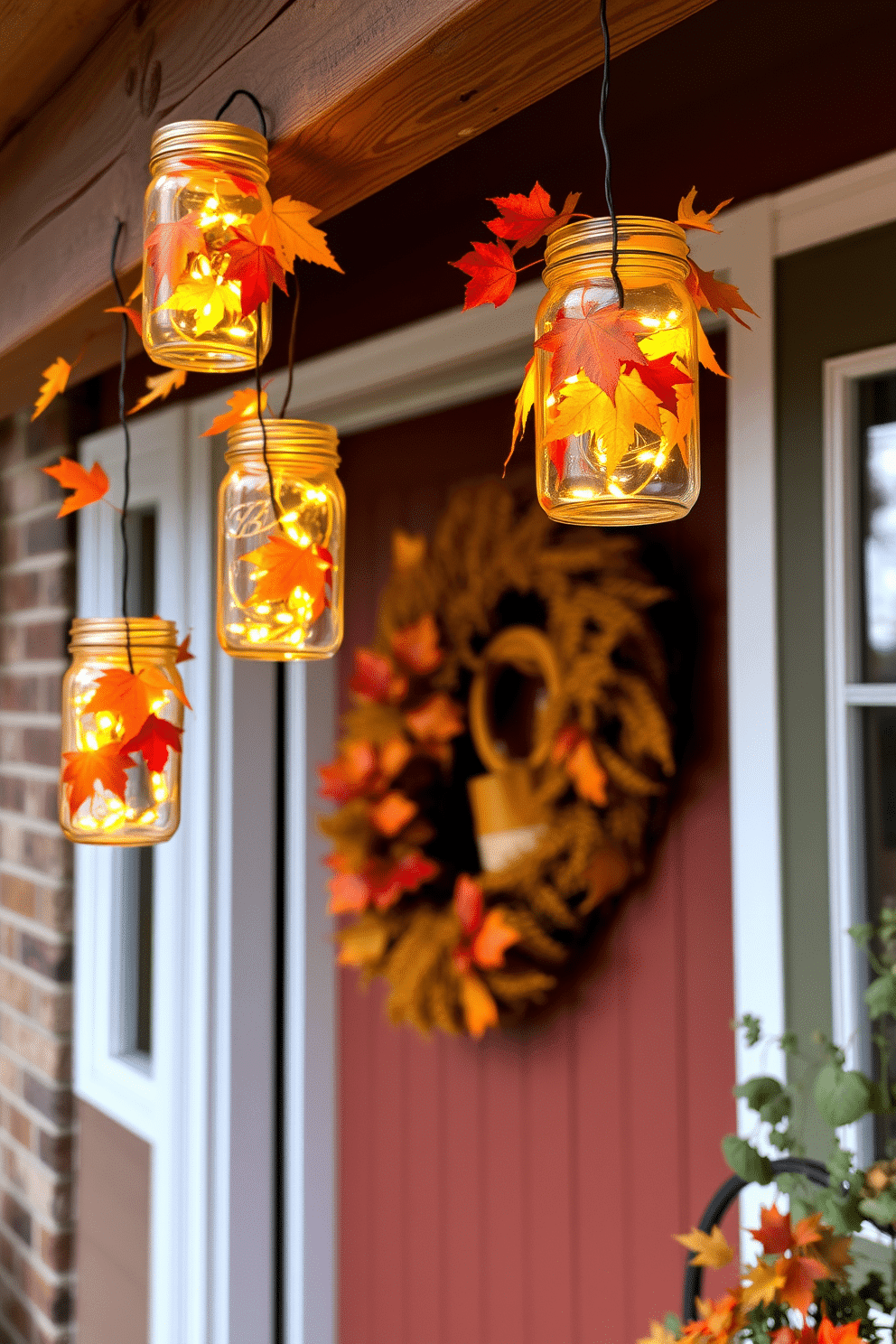 A charming front door adorned with mason jars filled with warm fairy lights and vibrant autumn leaves. The jars are hung from a rustic wooden beam, creating a cozy and inviting atmosphere for Thanksgiving celebrations.