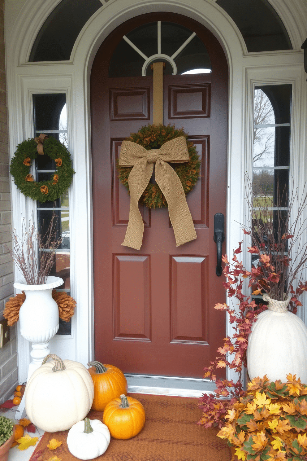 A charming front door adorned with a burlap ribbon bow that adds a rustic touch. Surrounding the door, seasonal decorations such as pumpkins and autumn leaves create a warm and inviting atmosphere.