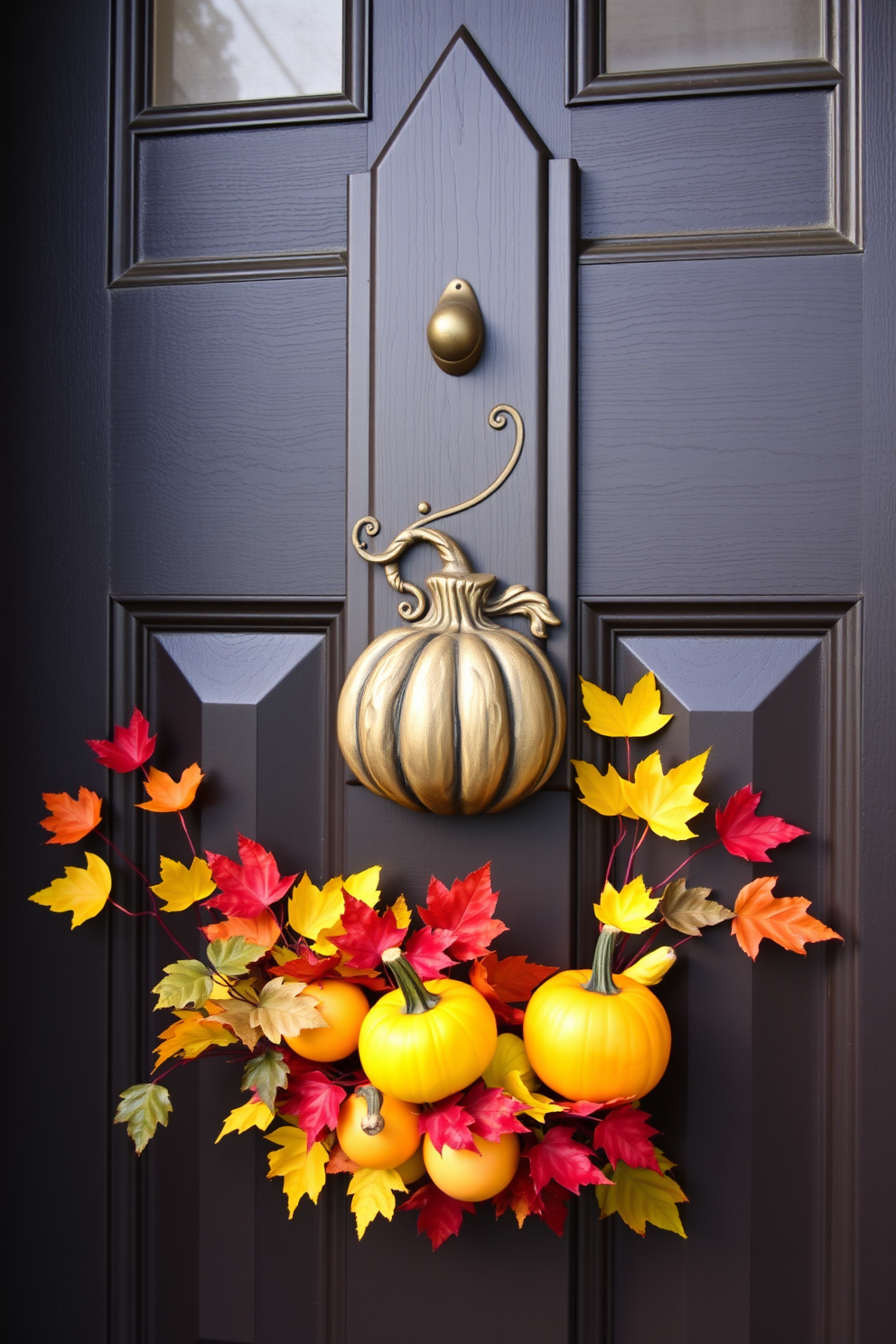 A charming front door adorned with a harvest-themed door knocker shaped like a pumpkin. Surrounding the door, vibrant autumn leaves and small gourds are arranged to create a festive Thanksgiving welcome.