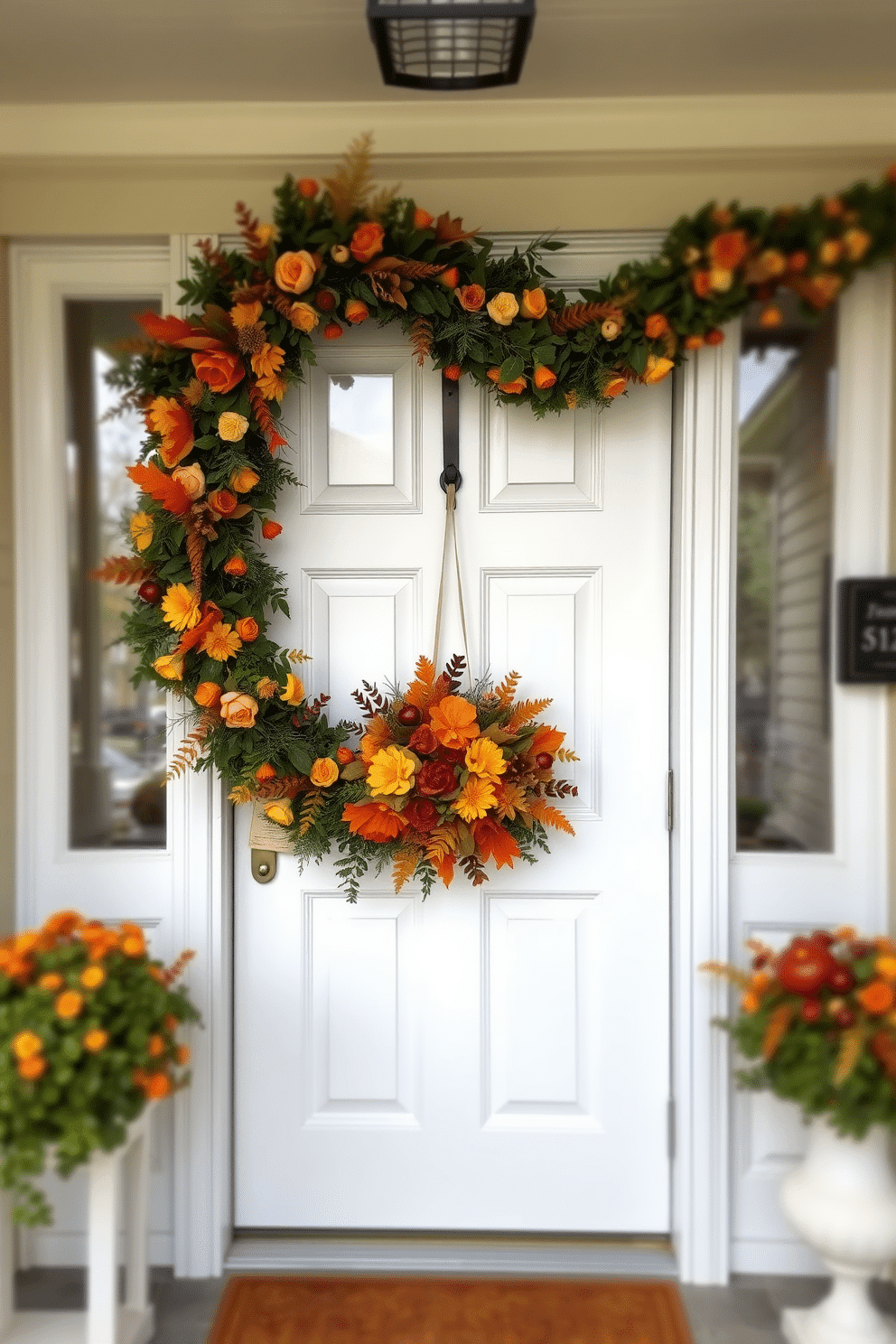 A charming front door adorned with a floral garland that elegantly wraps around the frame. The garland features a mix of autumn colors including deep oranges, rich reds, and golden yellows, creating a warm and inviting atmosphere for Thanksgiving.