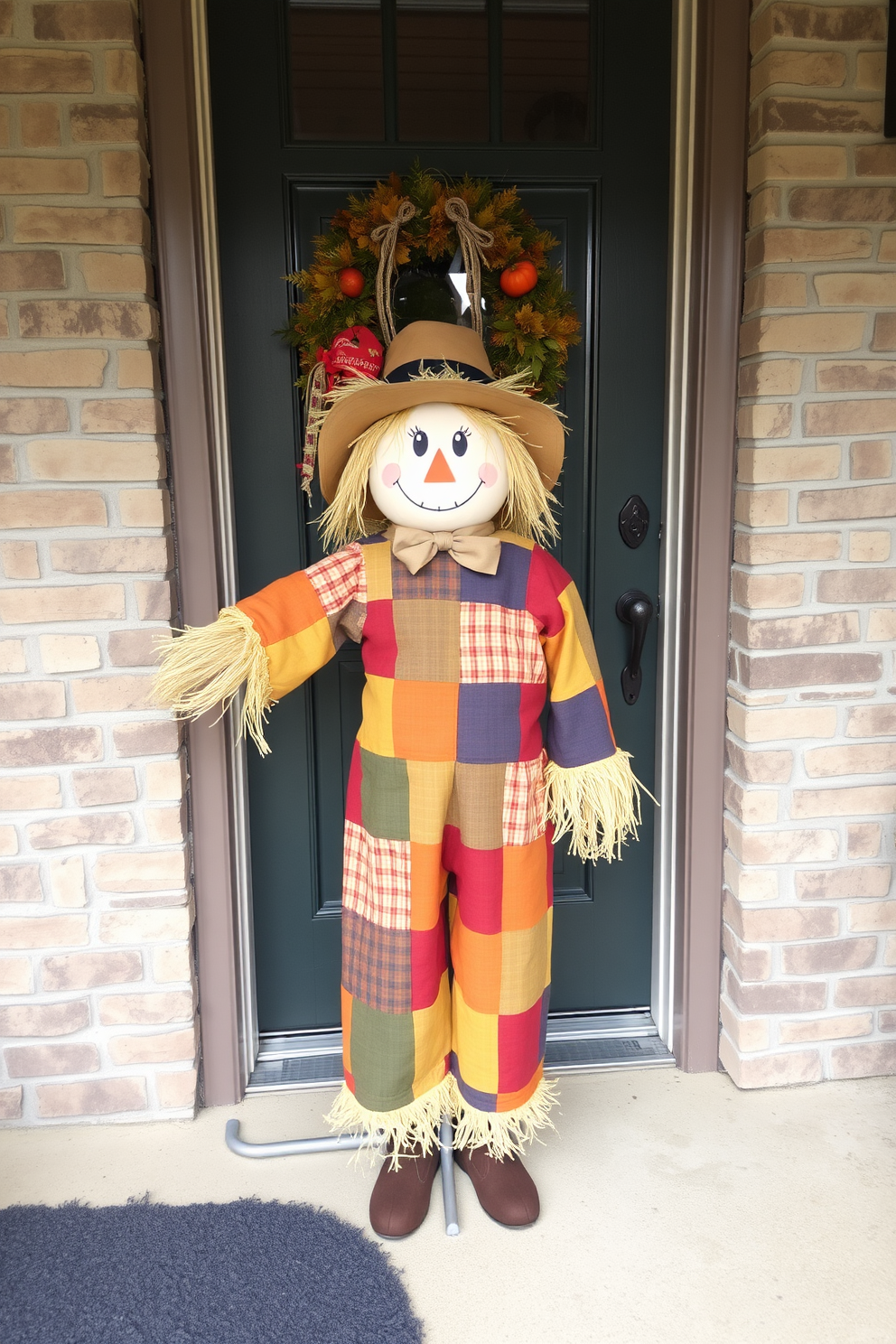 A charming scarecrow figure stands beside the entrance, welcoming guests with a friendly smile. Dressed in a colorful patchwork outfit, it features a straw hat and a cheerful expression, adding a festive touch to the Thanksgiving decor.