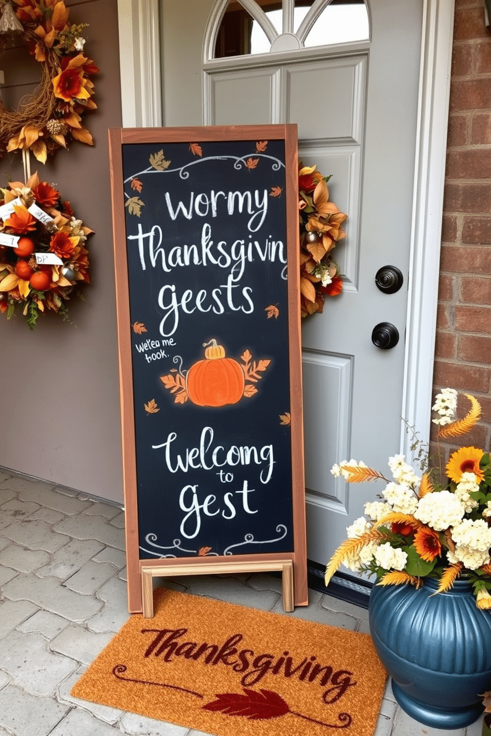 A charming chalkboard sign welcomes guests with warm Thanksgiving greetings. The sign is adorned with hand-drawn autumn leaves and pumpkins, creating a festive atmosphere. The front door is decorated with a beautiful wreath made of dried flowers and seasonal foliage. A cozy doormat with a Thanksgiving message adds a personal touch to the entrance.