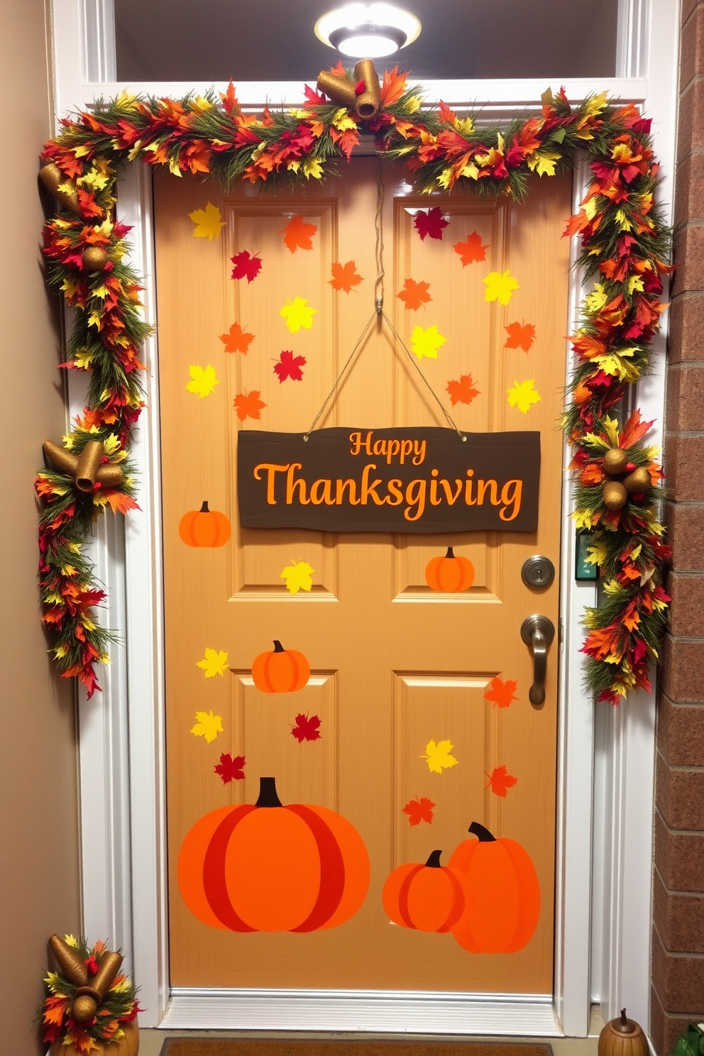 A festive front door adorned with Thanksgiving-themed decals featuring autumn leaves and pumpkins. The warm colors of orange, yellow, and red create a welcoming atmosphere for guests. The door is framed with garlands of fall foliage and small decorative cornucopias. A cheerful 