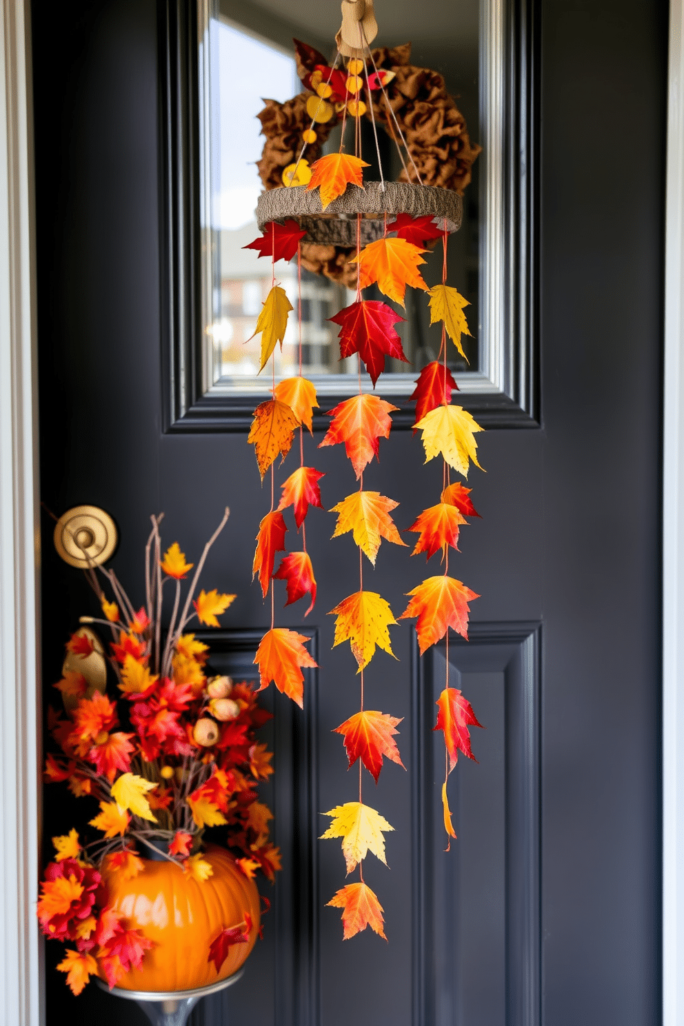 A charming front door adorned for Thanksgiving features a whimsical mobile made of hanging fall leaves. The vibrant colors of the leaves create a warm and inviting atmosphere, perfectly complementing the seasonal decor.