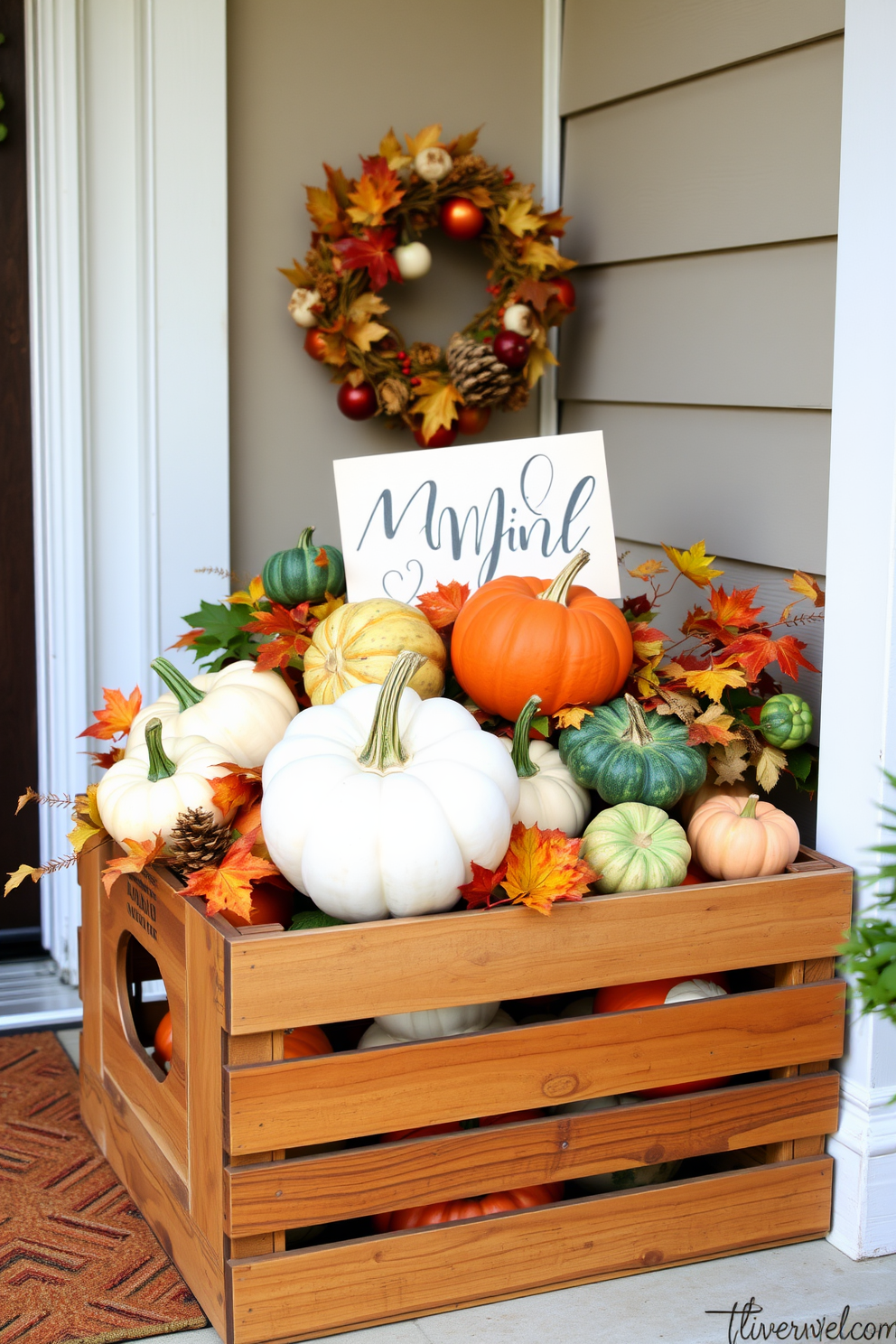 A wooden crate overflowing with seasonal decor for Thanksgiving sits on the front porch. The crate is filled with colorful pumpkins, gourds, and autumn leaves, creating a warm and inviting atmosphere.