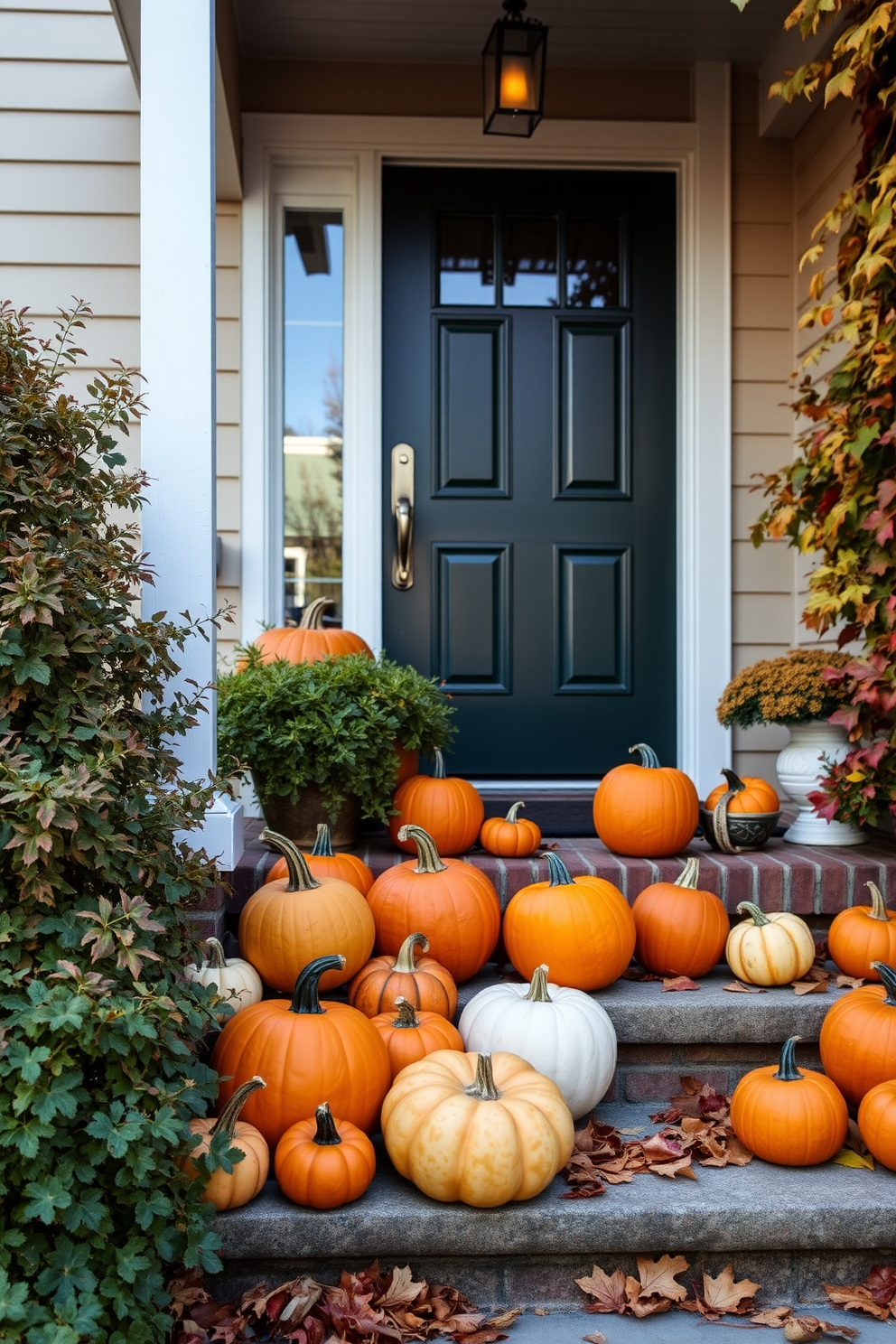 A charming display of pumpkins and gourds is arranged on the steps leading to a welcoming front door. The vibrant orange and green hues of the pumpkins complement the autumn foliage surrounding the entrance, creating a festive Thanksgiving atmosphere.