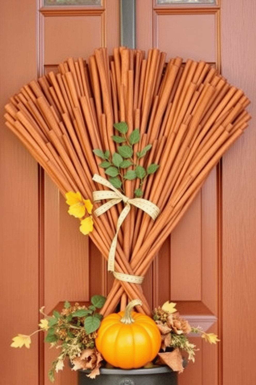 A warm and inviting front door adorned with bundles of cinnamon sticks tied together with a rustic ribbon. The cinnamon sticks are arranged in a fan shape, complemented by seasonal foliage and small pumpkins at the base.