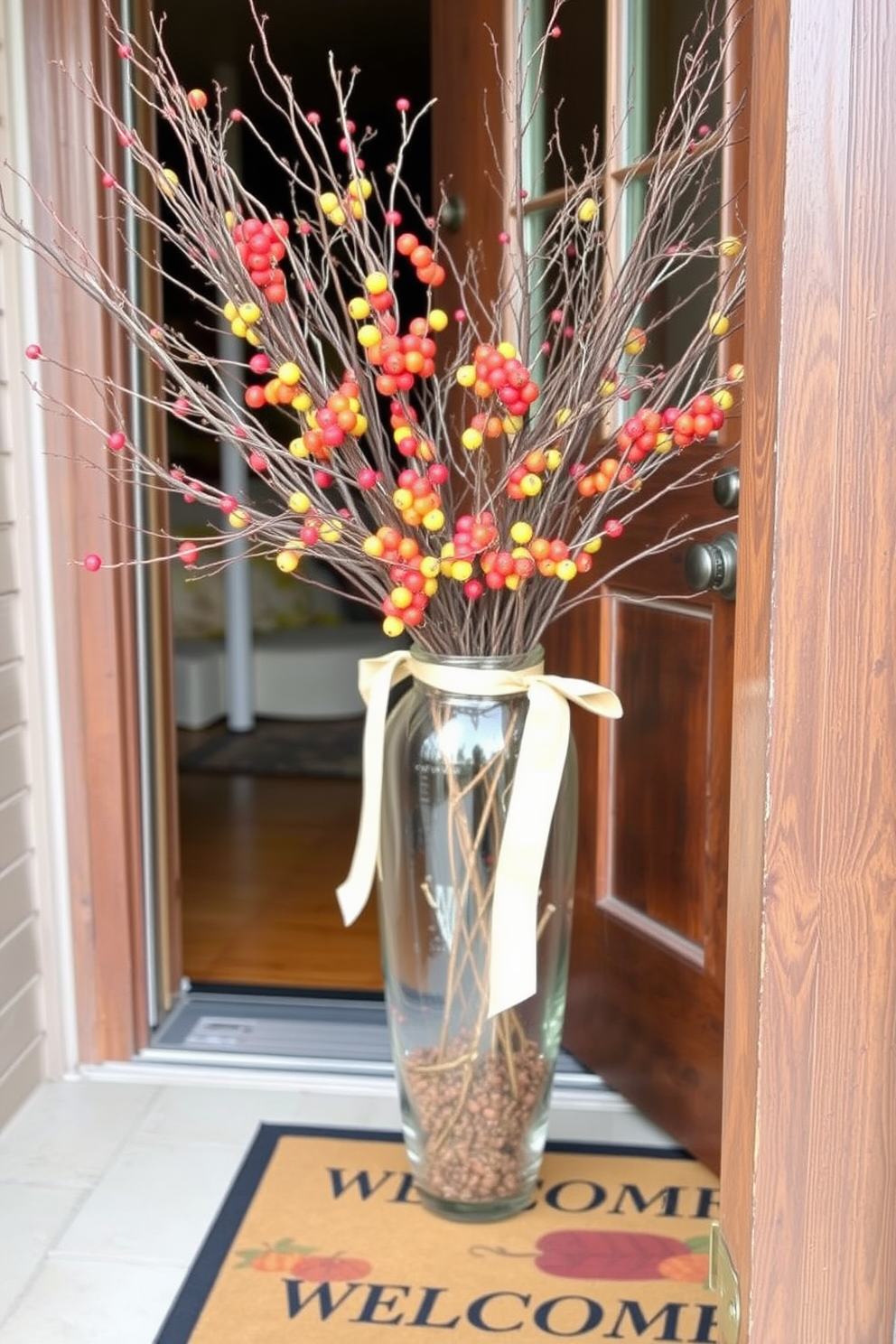 A welcoming front door setting adorned with a glass vase filled with seasonal branches and vibrant berries. The entrance is framed by a rustic wooden door, and a cozy doormat welcomes guests with autumn-themed designs.