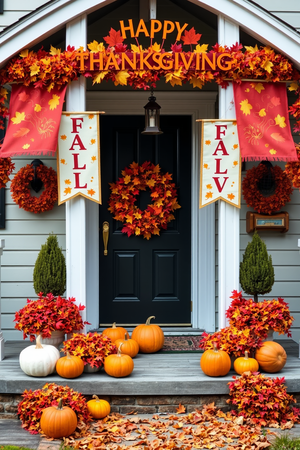 A cozy porch adorned with colorful fall banners celebrating Thanksgiving. The front door is framed by vibrant autumn leaves and pumpkins, creating a warm and inviting atmosphere.