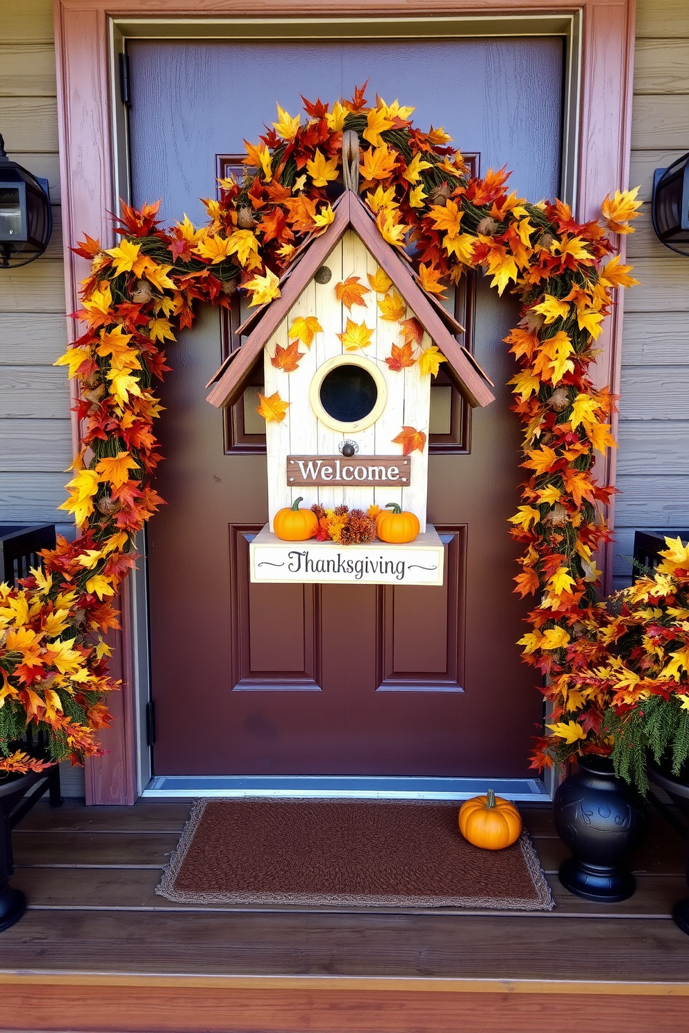 A charming decorative birdhouse adorned with autumn leaves and small pumpkins sits on a rustic wooden porch. The front door is framed with garlands of colorful fall foliage and a welcome sign, creating a warm and inviting atmosphere for Thanksgiving.