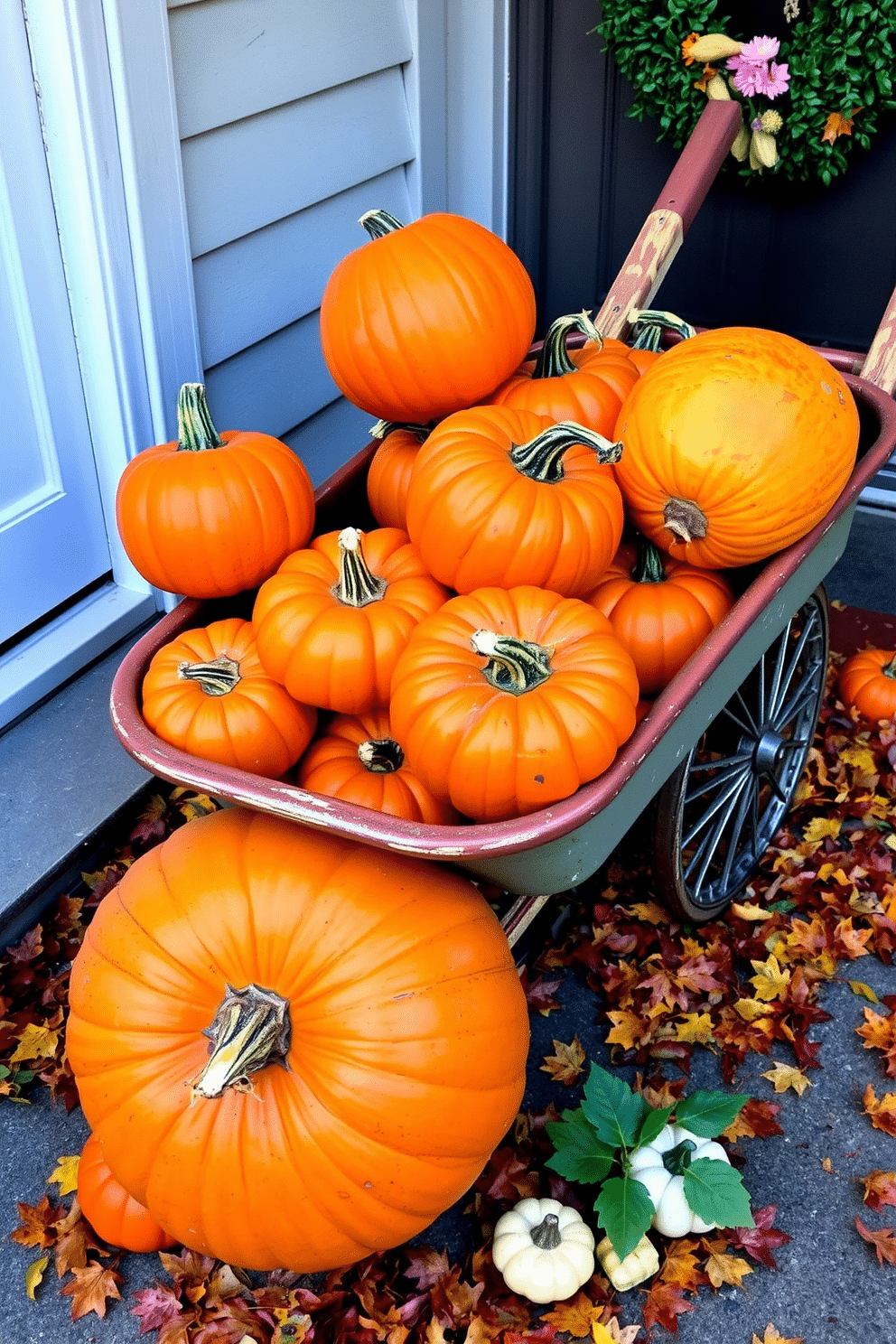 A charming vintage wheelbarrow is filled to the brim with vibrant orange pumpkins of various sizes. The wheelbarrow is placed at the front door, surrounded by colorful autumn leaves and small decorative gourds.