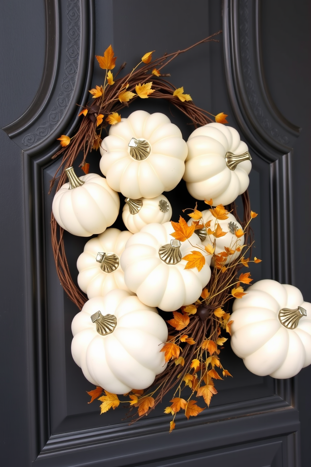 A charming front door adorned with crisp white pumpkins featuring elegant metallic accents. The pumpkins are arranged in a visually pleasing cluster, complemented by a wreath made of autumn leaves and golden twigs.