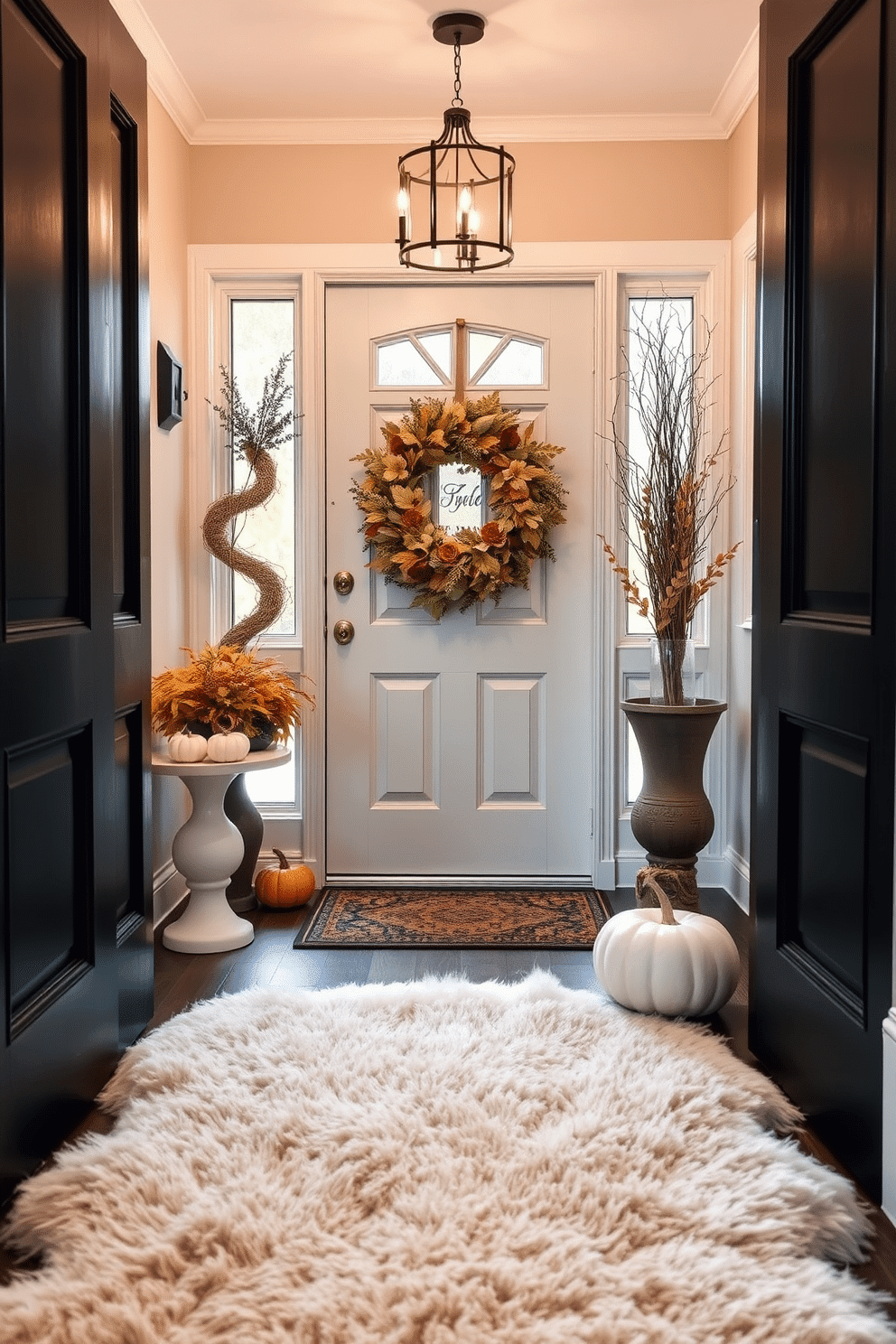 A cozy entrance featuring a plush faux fur rug that adds warmth and comfort. The space is adorned with elegant Thanksgiving decorations, including a beautifully arranged wreath on the front door and seasonal accents like pumpkins and autumn leaves.