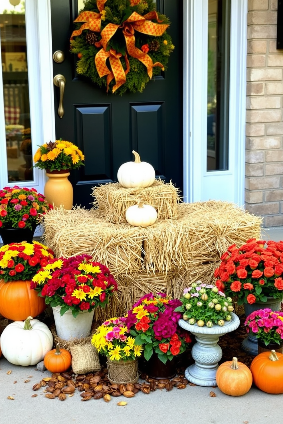 Mini hay bales stacked at the front door create a charming and festive Thanksgiving welcome. Surround the hay bales with colorful pumpkins and seasonal flowers for an inviting autumn display.