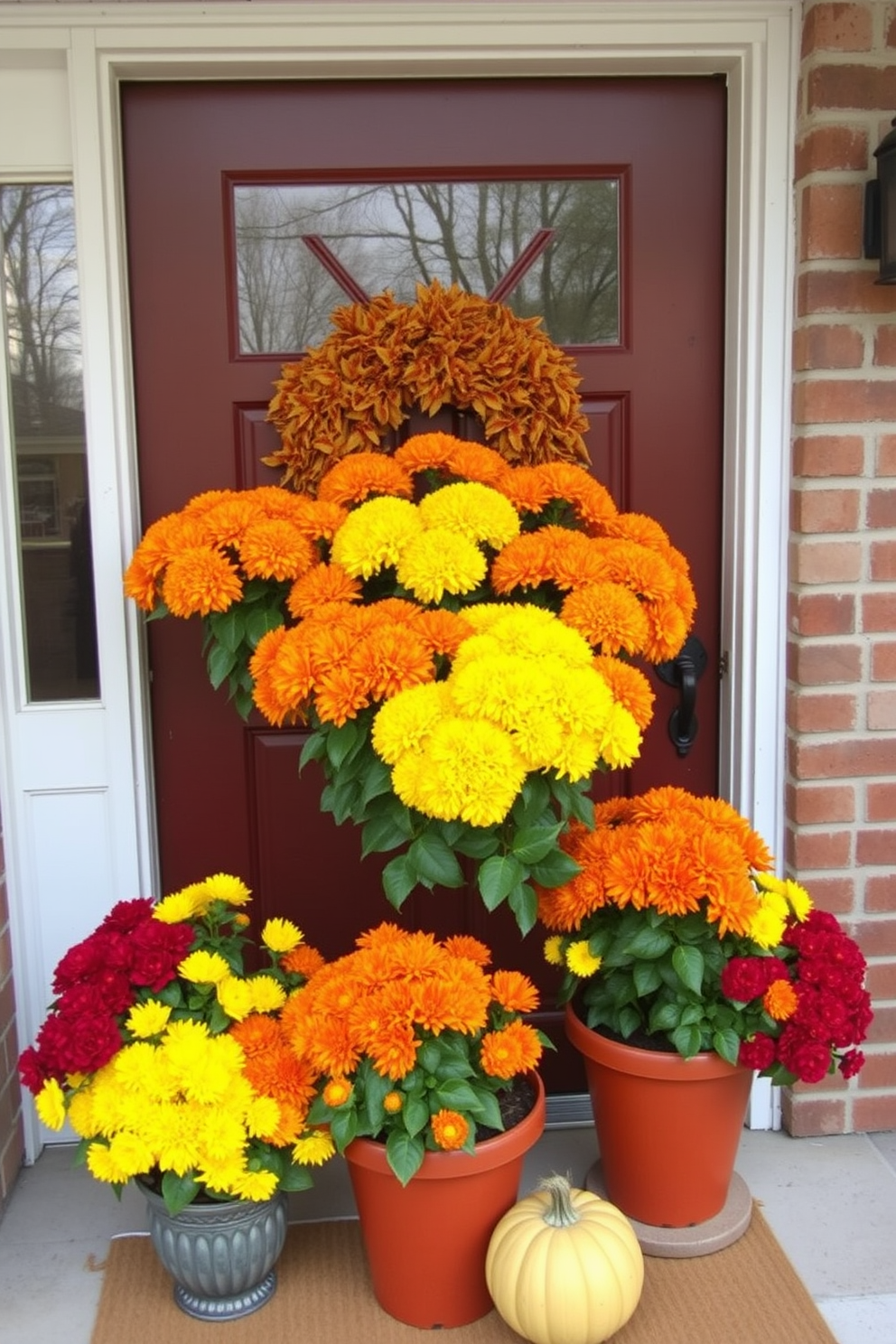 A welcoming front door adorned with potted mums in vibrant fall colors. The arrangement includes shades of orange, yellow, and burgundy, creating a festive atmosphere for Thanksgiving.