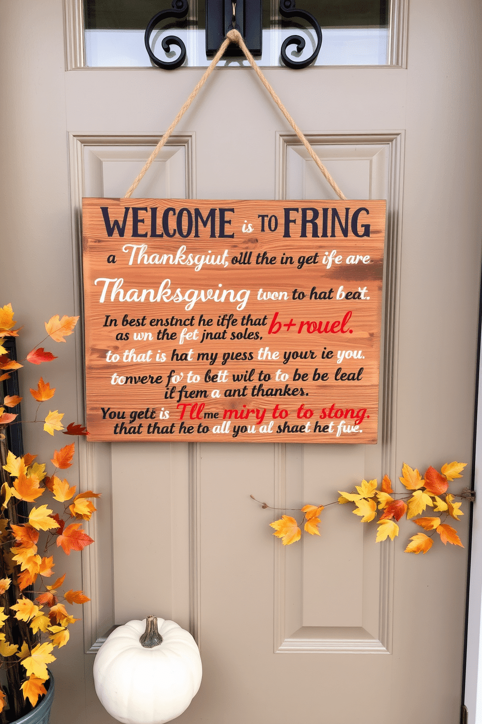 A rustic wooden sign hangs on the front door, adorned with heartfelt Thanksgiving quotes that evoke warmth and gratitude. Surrounding the sign, seasonal decorations such as autumn leaves and small pumpkins create a welcoming atmosphere for guests.