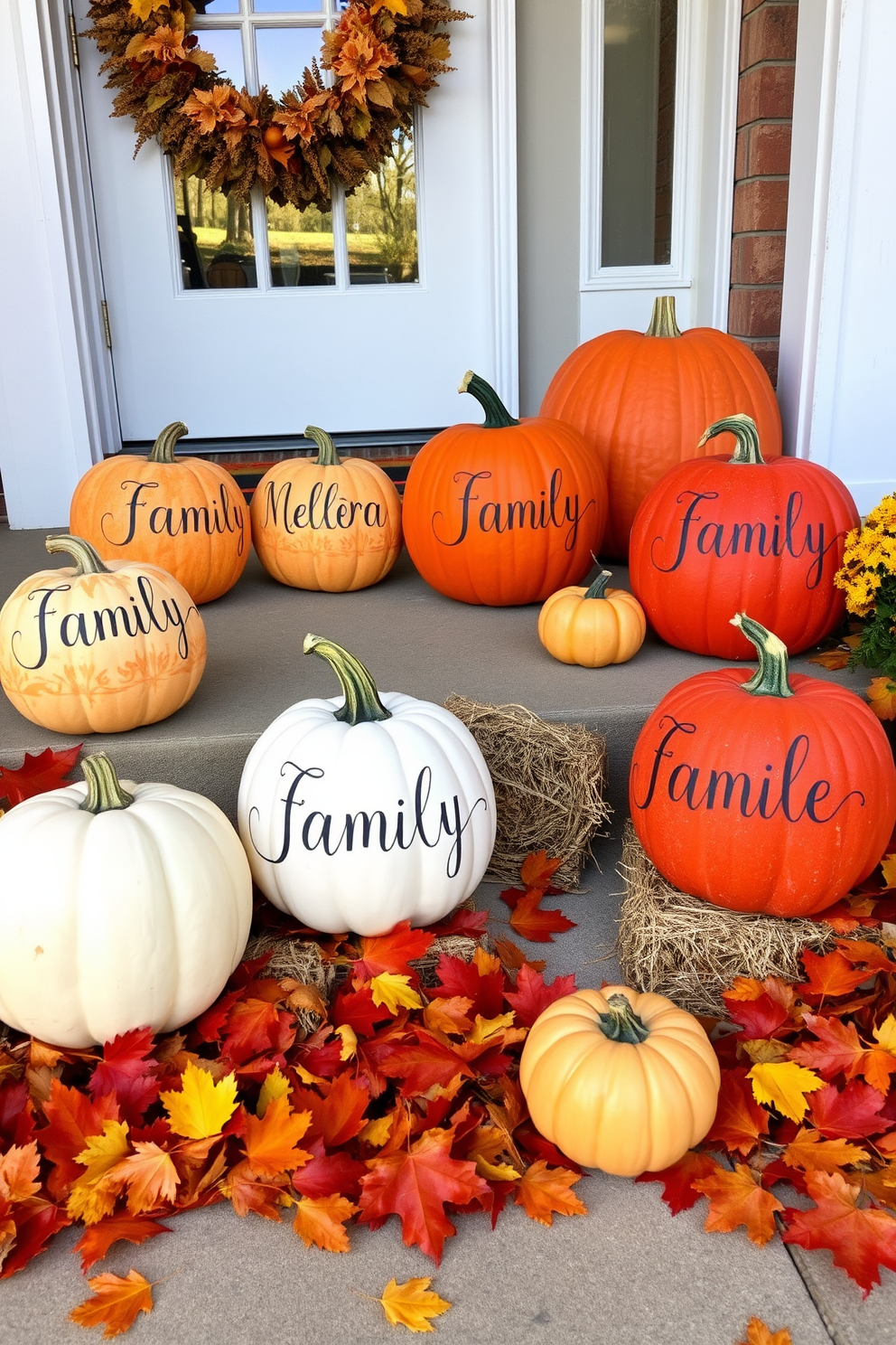 Hand-painted pumpkins in warm autumn colors are arranged on the front porch, each featuring a family name elegantly written in cursive. Surrounding the pumpkins are vibrant fall leaves and small hay bales, creating a festive and inviting atmosphere for Thanksgiving.